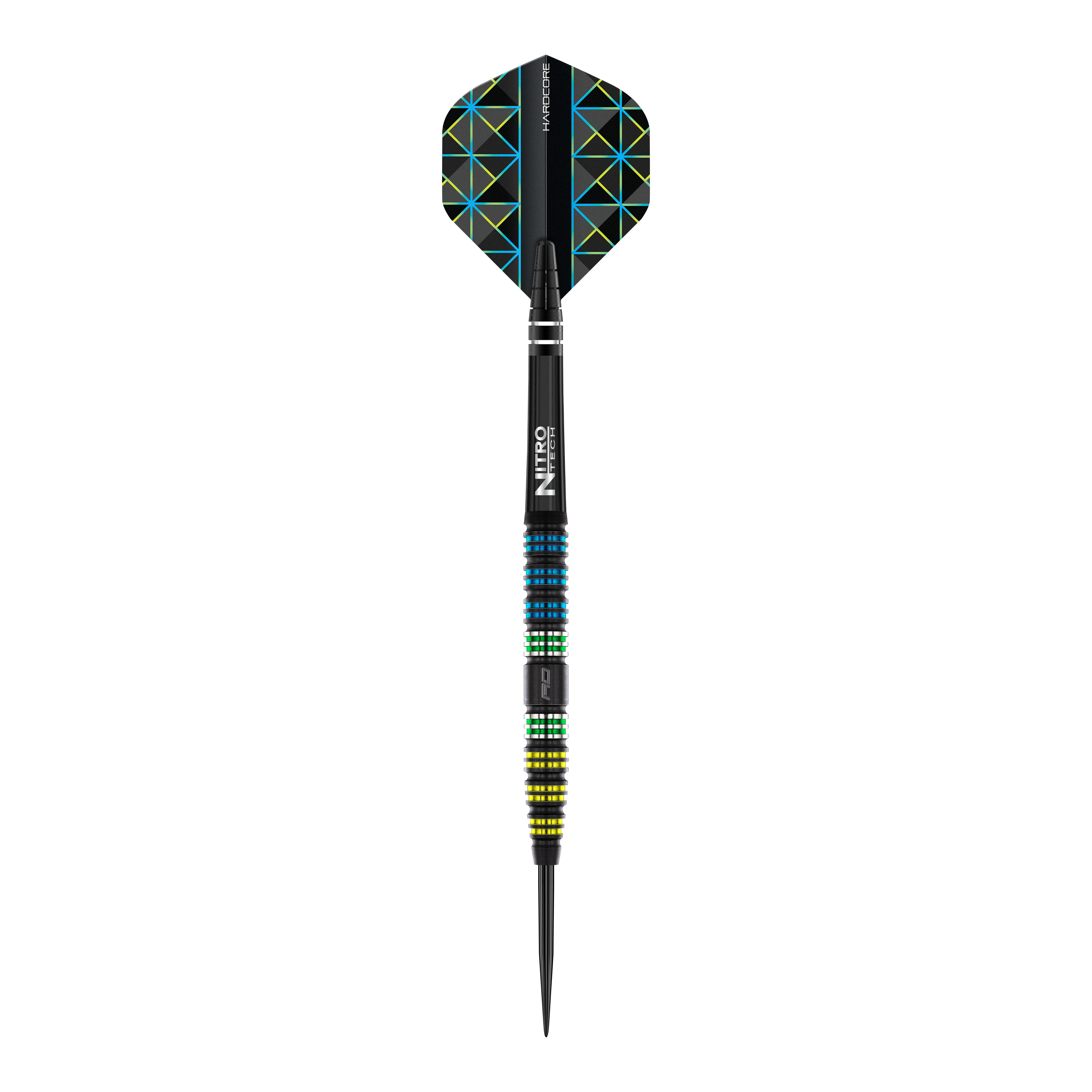 Red Dragon Dragonfly 95 Black Tapered Steeldarts Das Bild zeigt einen Red Dragon Dragonfly 95 Black Tapered Steeldart. Der Dart hat ein schwarzes Design mit farbigen Ringen und geometrischen Mustern auf den Flights.