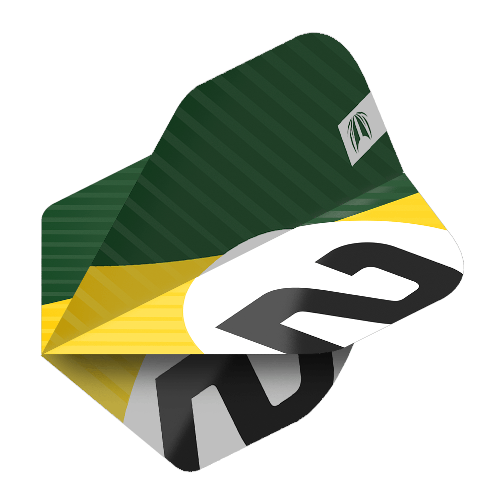 Das Bild zeigt ein Dart-Flight mit grünem, gelbem und weißem Design sowie der Nummer 2. Es handelt sich um das Produkt "Target Pro Ultra Chicane Green No2 Standard Flights - 3 Sets".