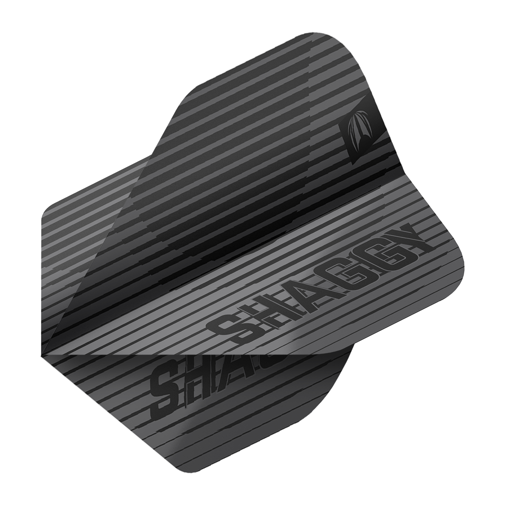 Auf dem Bild ist ein schwarzer Dartflight mit dem Schriftzug "SHAGGY" zu sehen. Das Design besteht aus schrägen, dunklen Streifen und einem kleinen Logo in der Ecke.