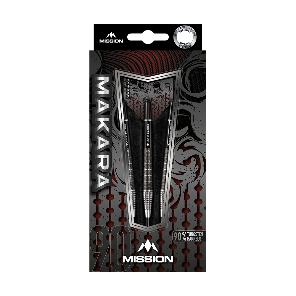 Mission Makara M2 Steeldarts - 23g Das Bild zeigt die Verpackung der Mission Makara M2 Steeldarts mit einem Gewicht von 23 Gramm. Die Darts bestehen zu 90 % aus Tungsten und sind ansprechend gestaltet.