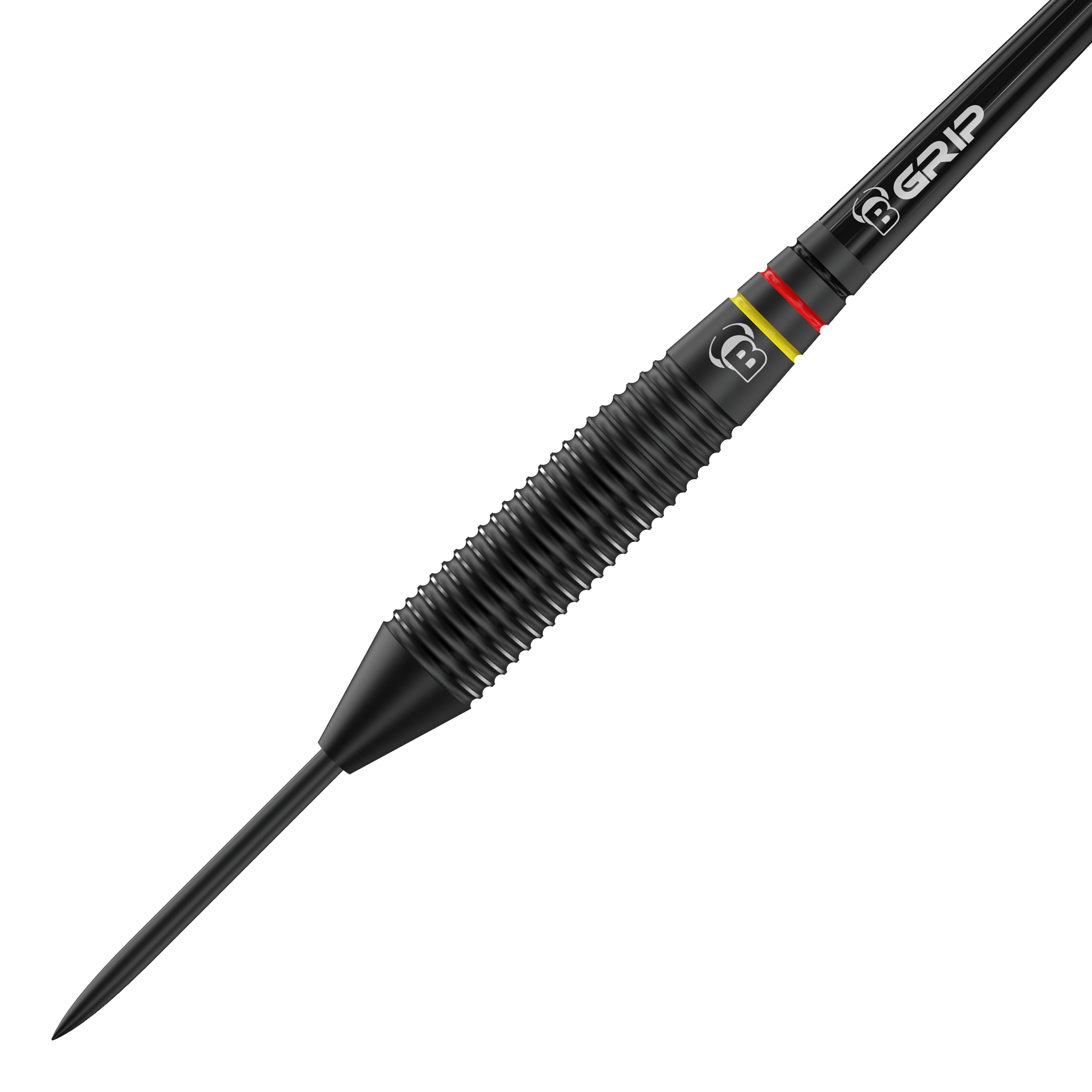 Auf dem Bild ist ein schwarzer Steeldart mit einer geriffelten Griffzone zu sehen. Es handelt sich um das Modell "Bulls Martin Schindler The Wall Black Brass Steeldarts".