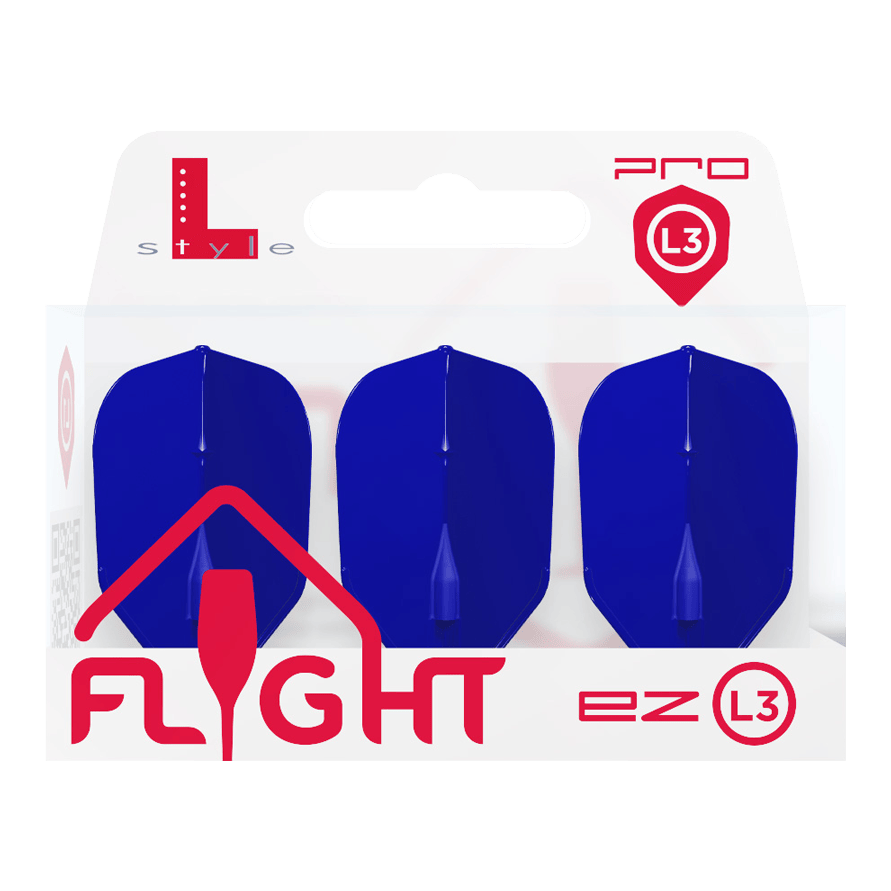 Die Verpackung zeigt drei blaue Dart-Flights der Marke L-Style. Auf der Packung steht "FLIGHT ez L3" in roten Buchstaben.