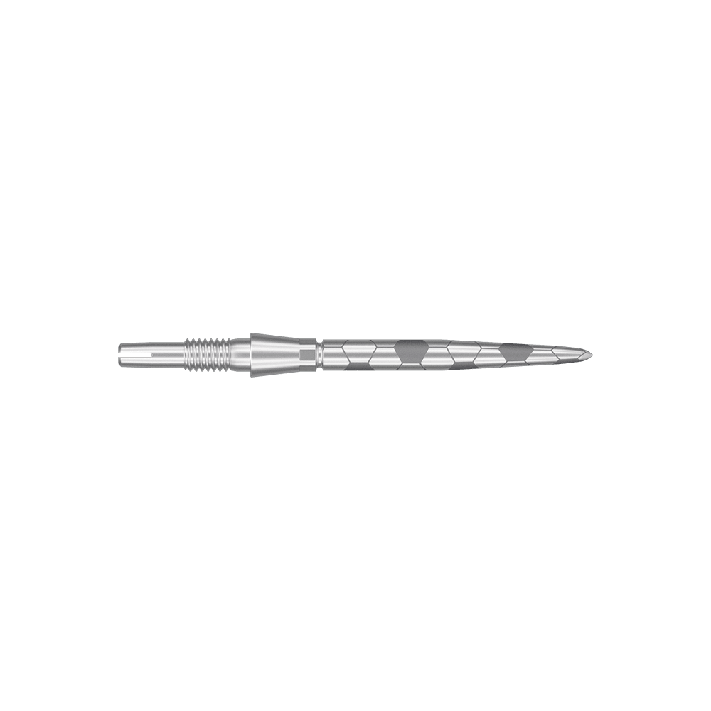 Target Swiss Storm Onyx Point Dartspitzen - Silber Auf dem Bild ist eine silberne Dartspitze mit Rillen und sechseckigen Mustern zu sehen. Sie ist lang und schlank gestaltet.