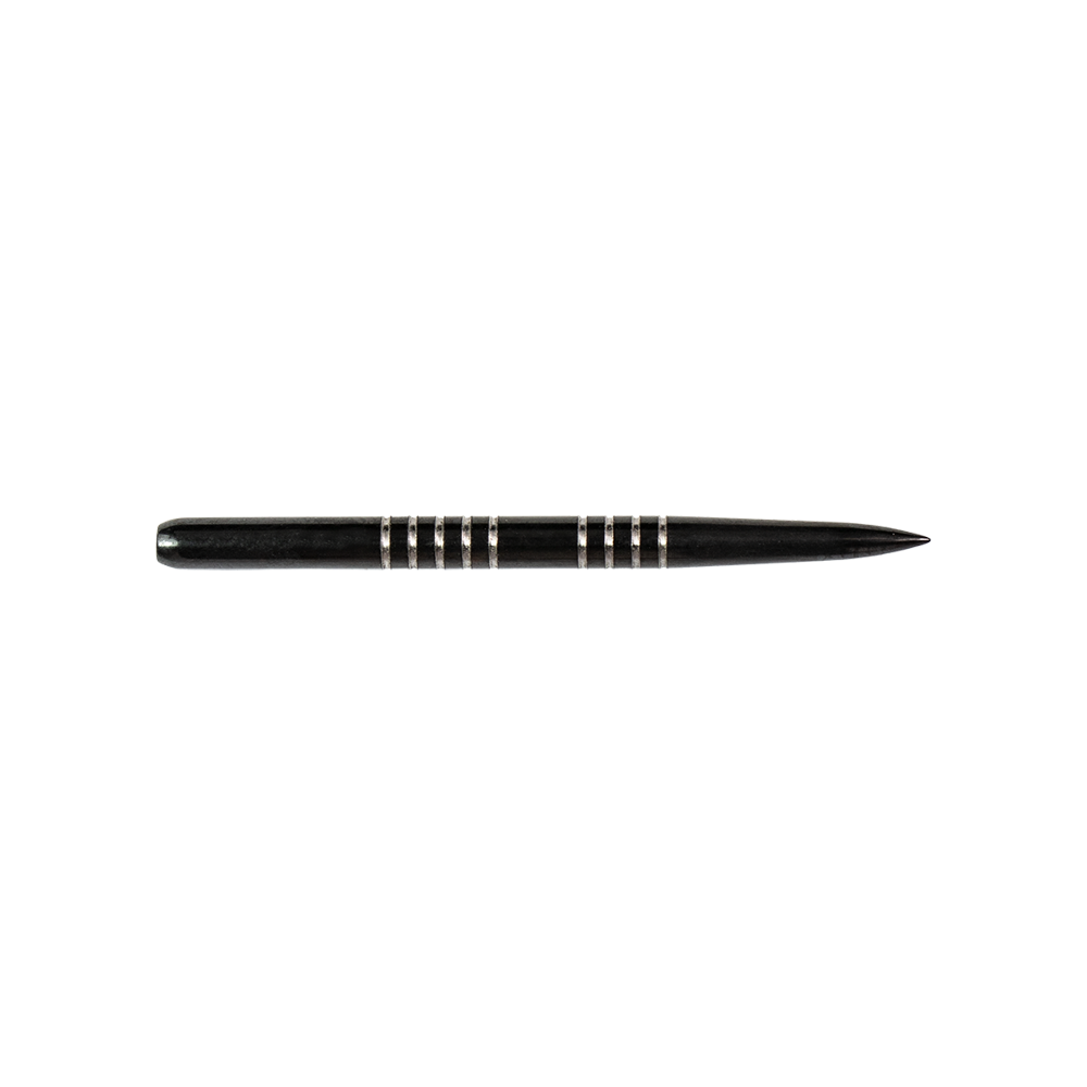 Das Bild zeigt eine schwarze Steeldartspitze mit silbernen Rillen. Die Spitze gehört zum Produkt "Bulls GP1 Steeldartspitzen Schwarz".
