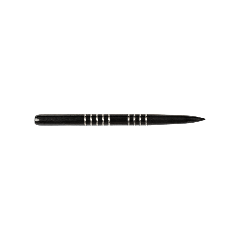 57741_Bulls_GP1_Steeldartspitzen_Schwarz_34mm_2 Das Bild zeigt eine schwarze Steeldartspitze mit silbernen Rillen. Die Spitze gehört zum Produkt "Bulls GP1 Steeldartspitzen Schwarz".