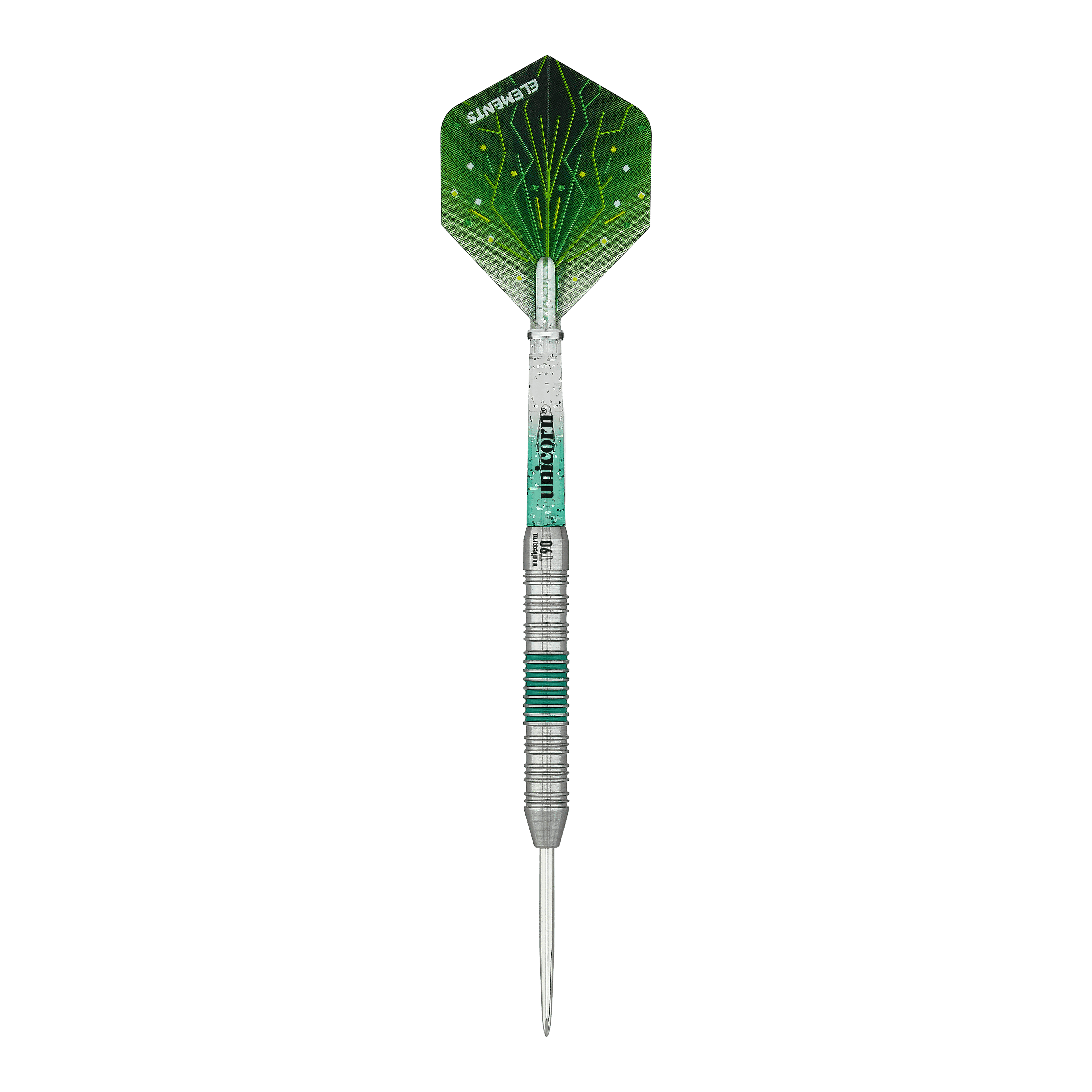 Das Bild zeigt einen Steeldart namens „Unicorn T90 Core XL Green“. Der Dart hat grüne Akzente und ein modernes Design.