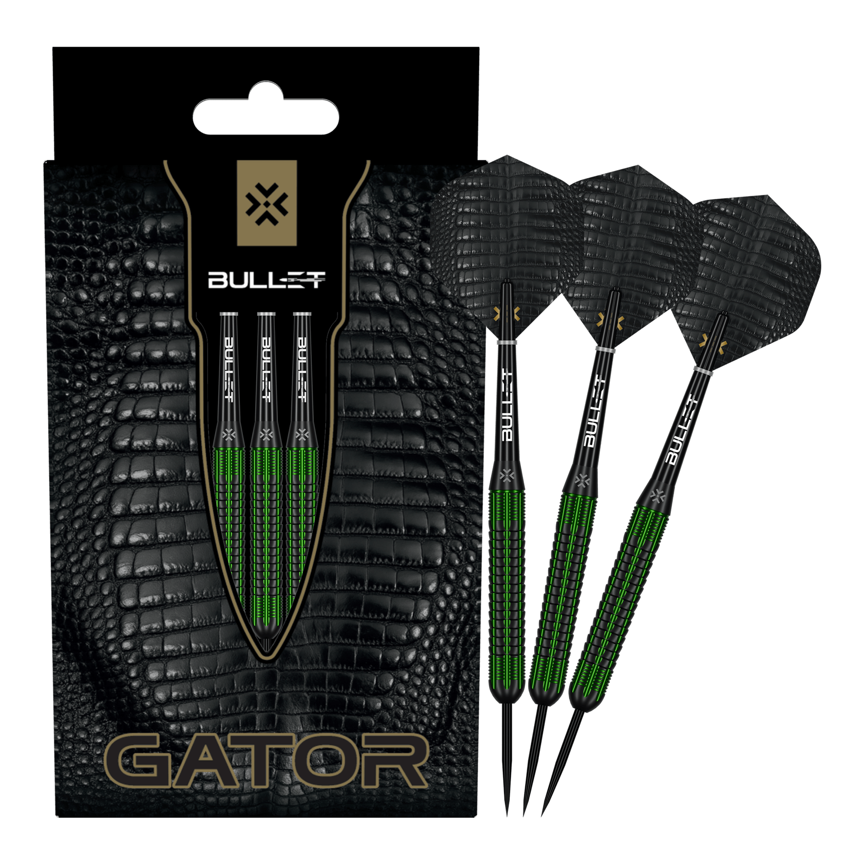 Bullet Gator Brass Steeldarts - 22g Zu sehen sind die Bullet Gator Brass Steeldarts - 22g in voller Ansicht. Sie sind aus Messing gefertigt und wiegen 22 Gramm.