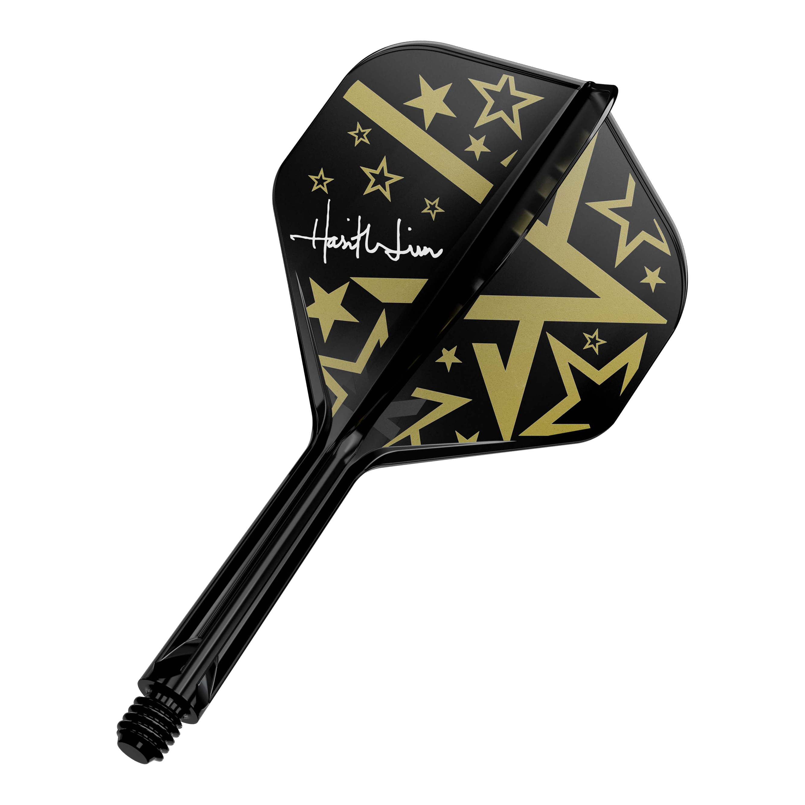 Dies ist ein schwarzer Dart-Flügel mit goldenen Sternen und Linien als Muster. Auf dem Flügel befindet sich außerdem eine weiße Unterschrift.