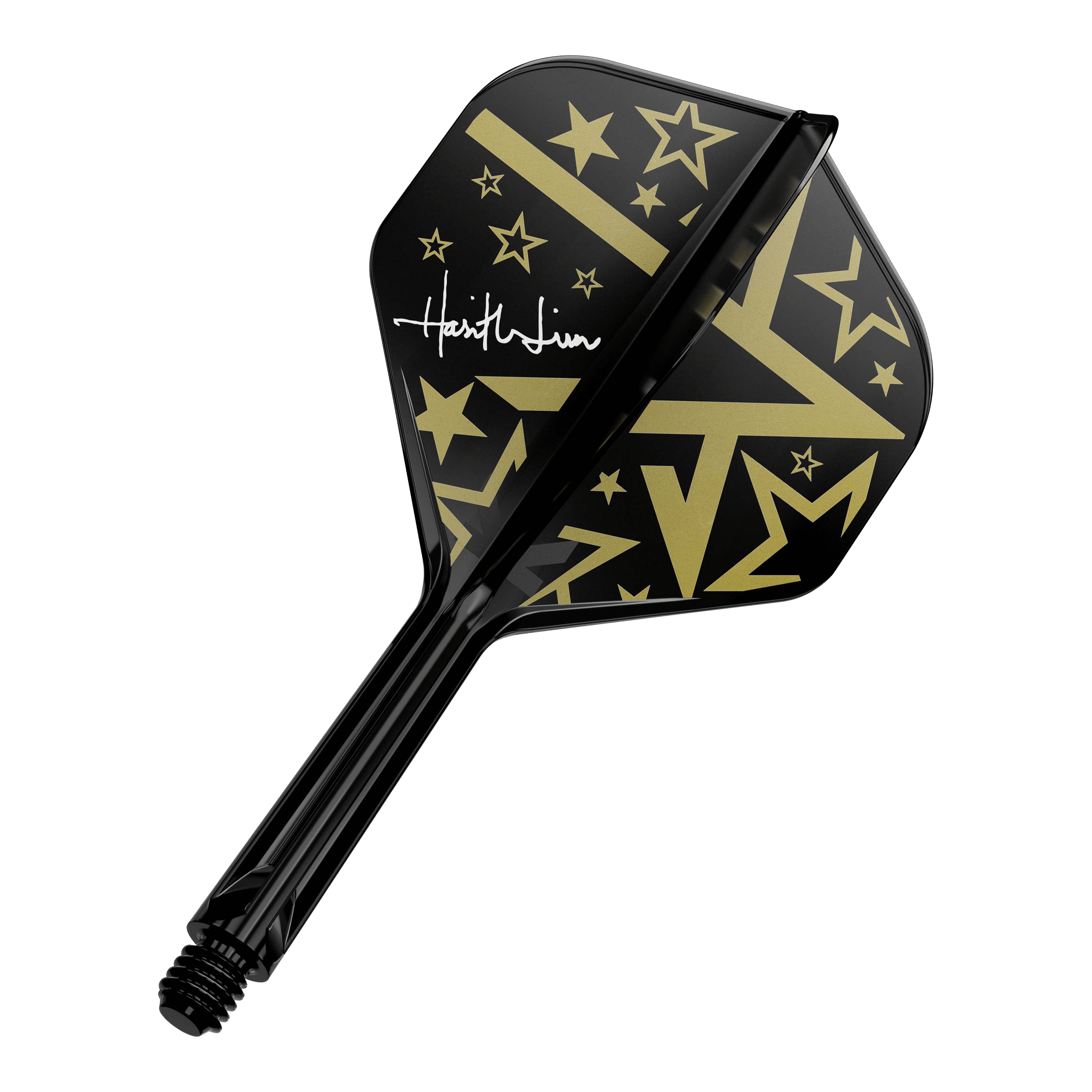 Target Japan K-Flex Hot Shot No2 Standard Flight-Shaft-System Dies ist ein schwarzer Dart-Flügel mit goldenen Sternen und Linien als Muster. Auf dem Flügel befindet sich außerdem eine weiße Unterschrift.