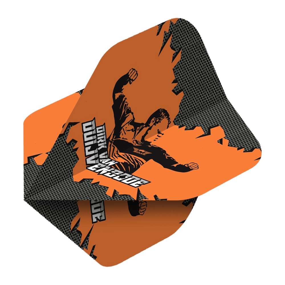 Das Bild zeigt die Bulls Powerflite Dirk van Duijvenbode No2 Standard Flights. Die Flights sind orange mit einem schwarzen Muster und zeigen eine dynamische Grafik von Dirk van Duijvenbode.