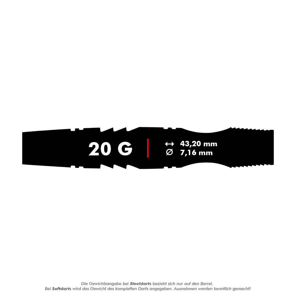Winmau Sniper Black Softdarts - 20g Das Bild zeigt den Winmau Sniper Black Softdart mit einem Gewicht von 20 Gramm. Die Länge beträgt 43,20 mm und der Durchmesser 7,16 mm.