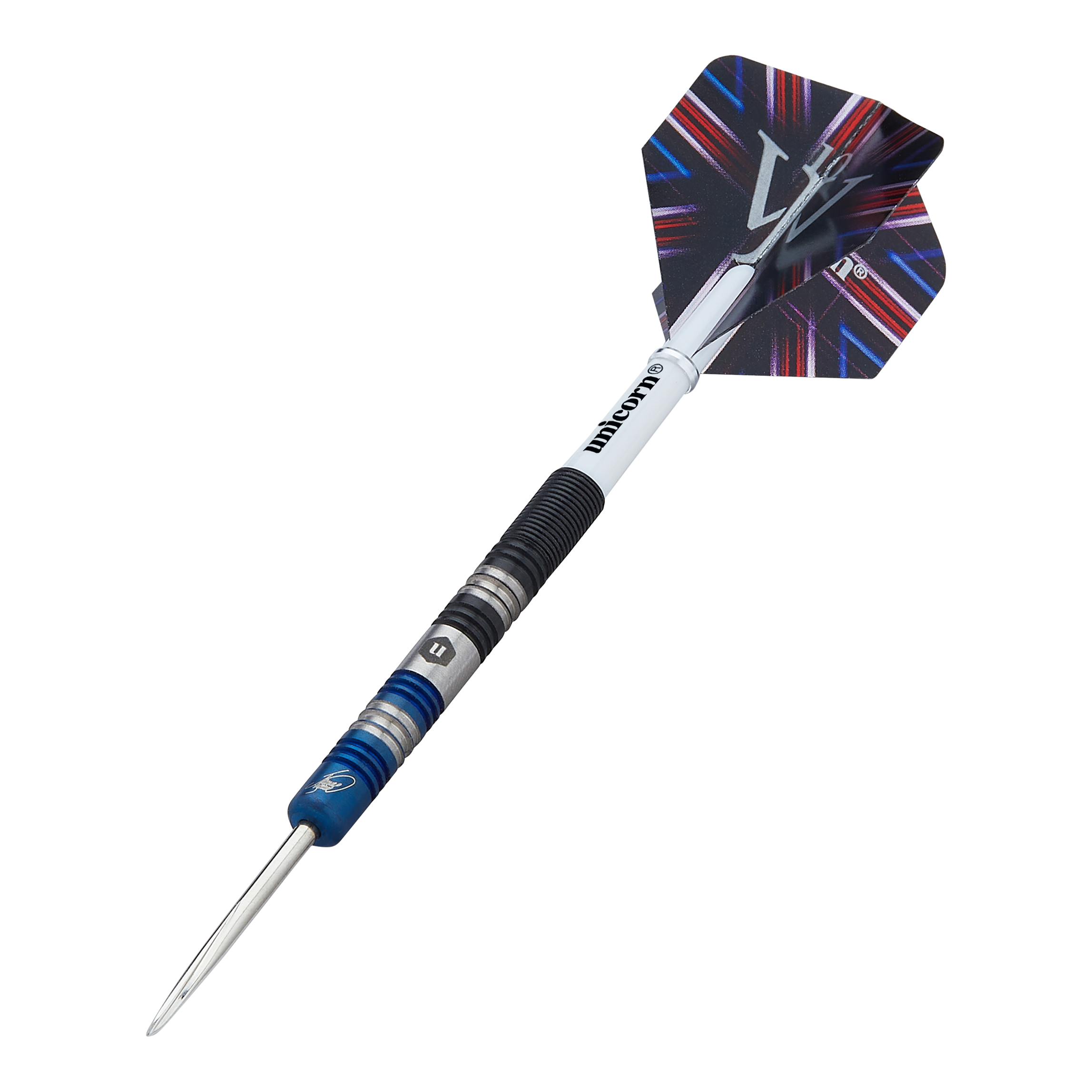 Das Bild zeigt einen Steeldart namens "Unicorn The Machine James Wade Two-Tone". Der Dart hat ein auffälliges Design mit abwechselnden blauen und silbernen Ringen sowie einem farbigen Flight.