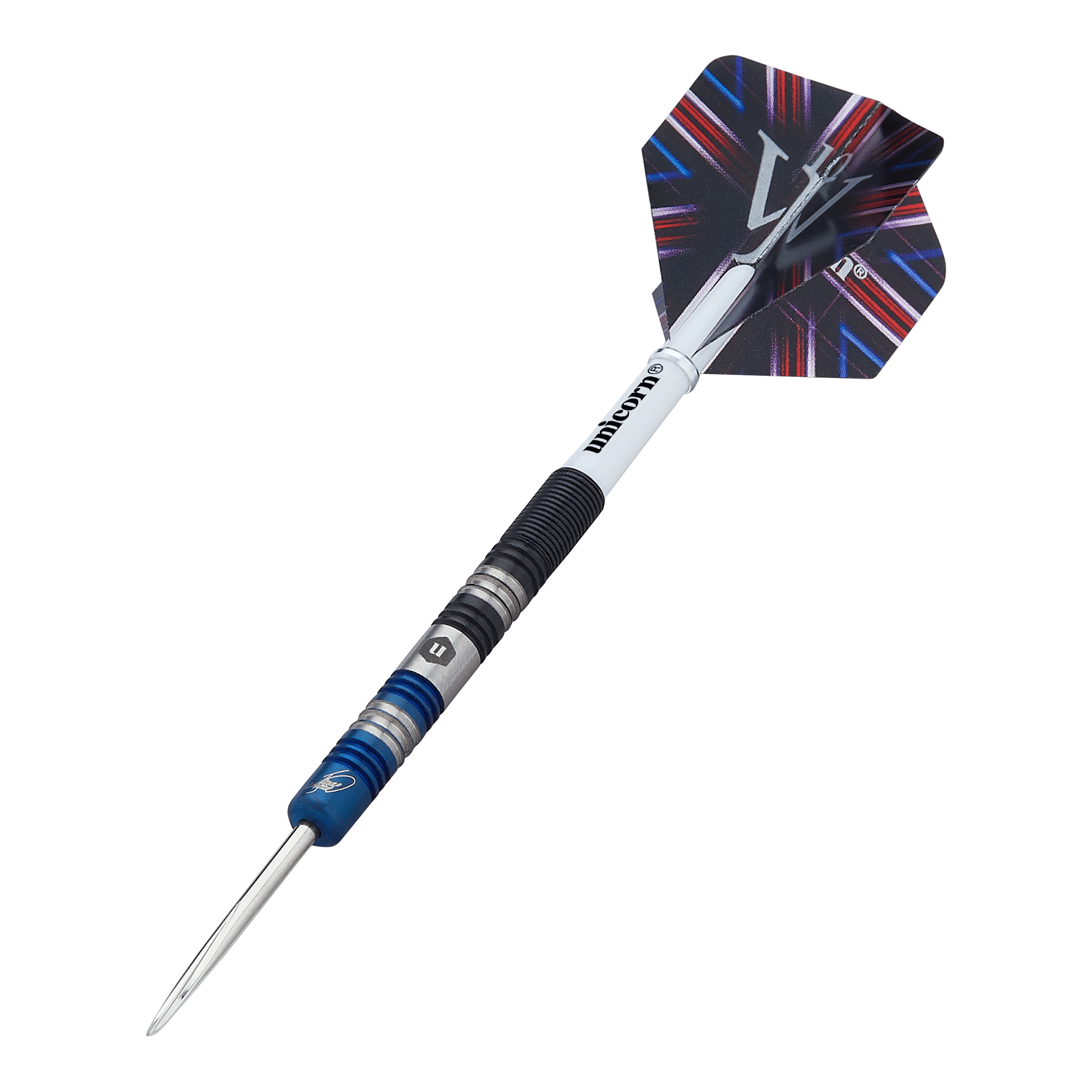 Unicorn The Machine James Wade Two-Tone Steeldarts Das Bild zeigt einen Steeldart namens "Unicorn The Machine James Wade Two-Tone". Der Dart hat ein auffälliges Design mit abwechselnden blauen und silbernen Ringen sowie einem farbigen Flight.