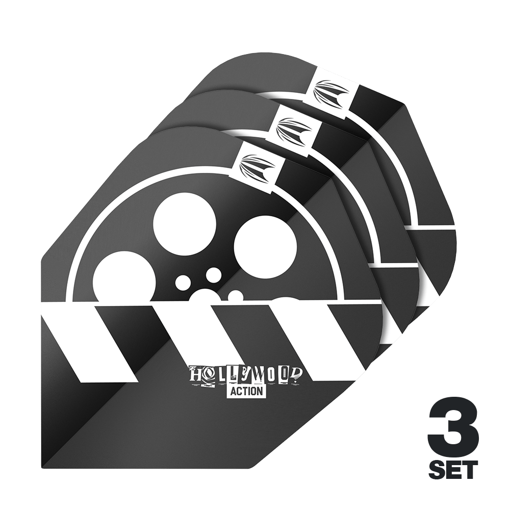 Das Bild zeigt drei Sets der Target Pro Ultra Chris Dobey Hollywood Action No6 Flights. Die Flights haben ein schwarz-weißes Design mit einem Filmrollen- und Klappenmotiv sowie dem Schriftzug "Hollywood Action".