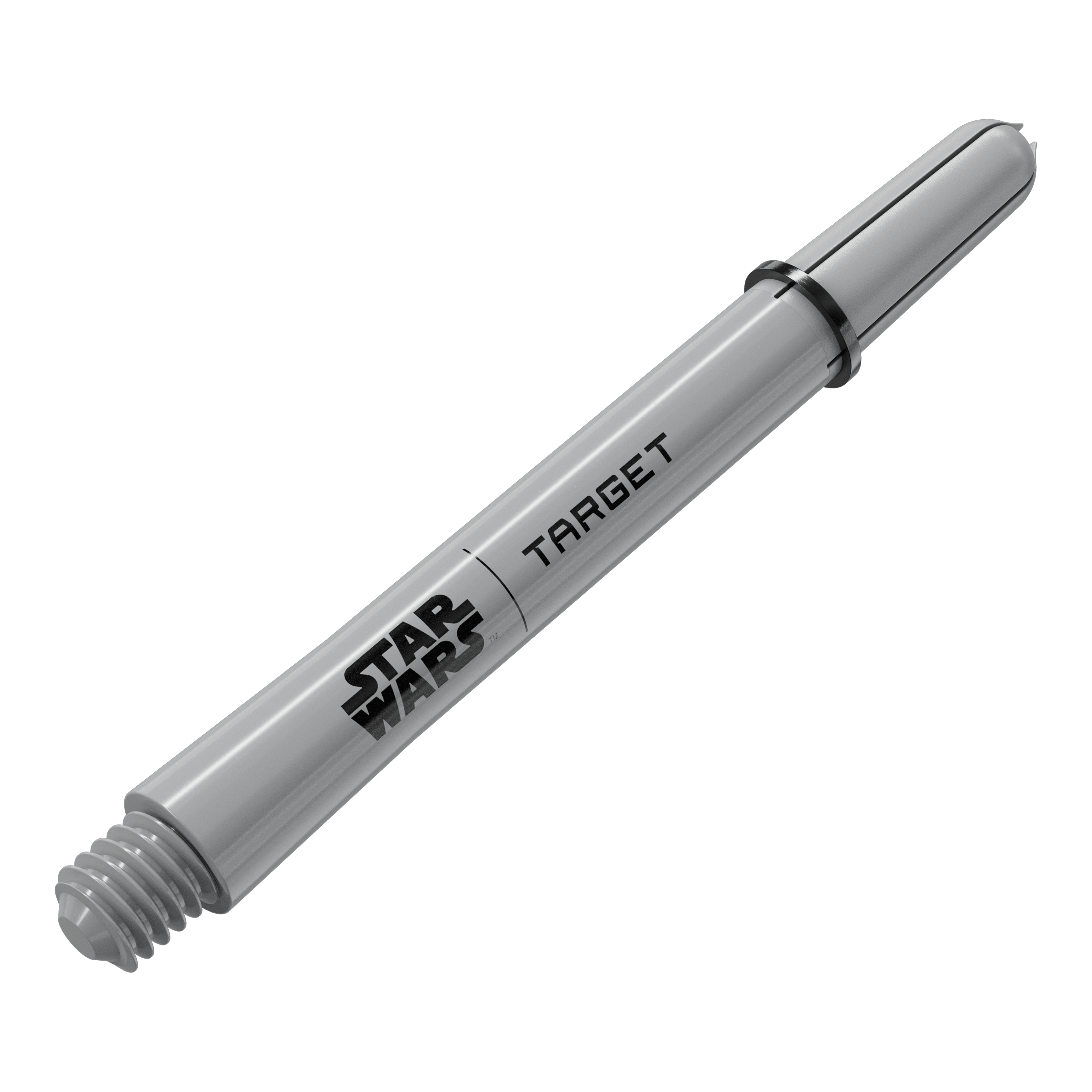 Target Star Wars ProGrip Shafts - Grau Das Bild zeigt ein Dart-Zubehör mit dem Dateinamen 380432_Target_StarWars_ProGrip_Shafts_Grau_Medium_48mm_2. Es handelt sich vermutlich um einen weiteren grauen Medium ProGrip Shaft von Star Wars mit 48mm Länge.