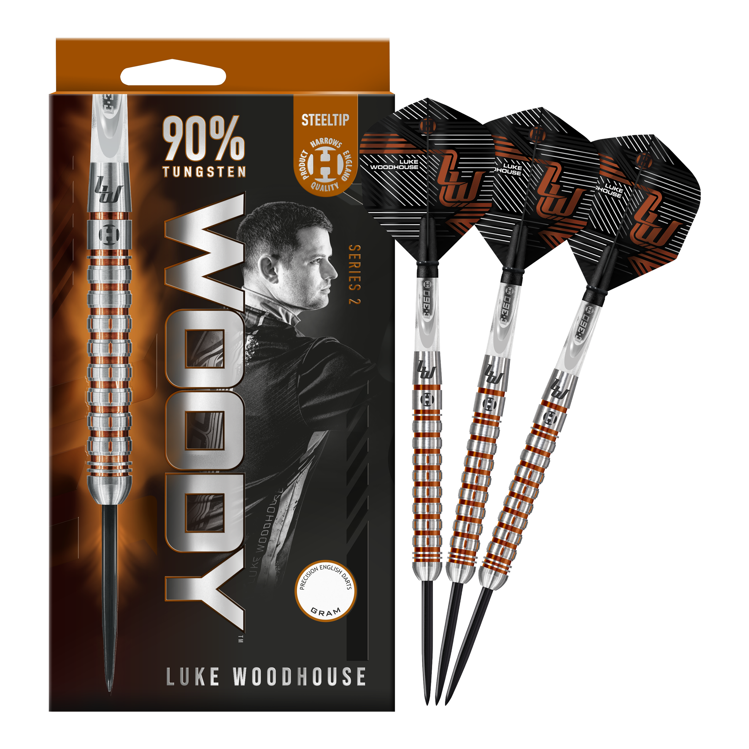 Harrows Luke Woodhouse Series 2 Steeldarts Auf dem Bild sind die Harrows Luke Woodhouse Series 2 Steeldarts zu sehen. Die Verpackung zeigt das Dart-Design sowie ein Porträt von Luke Woodhouse und die Aufschrift "90% Tungsten".