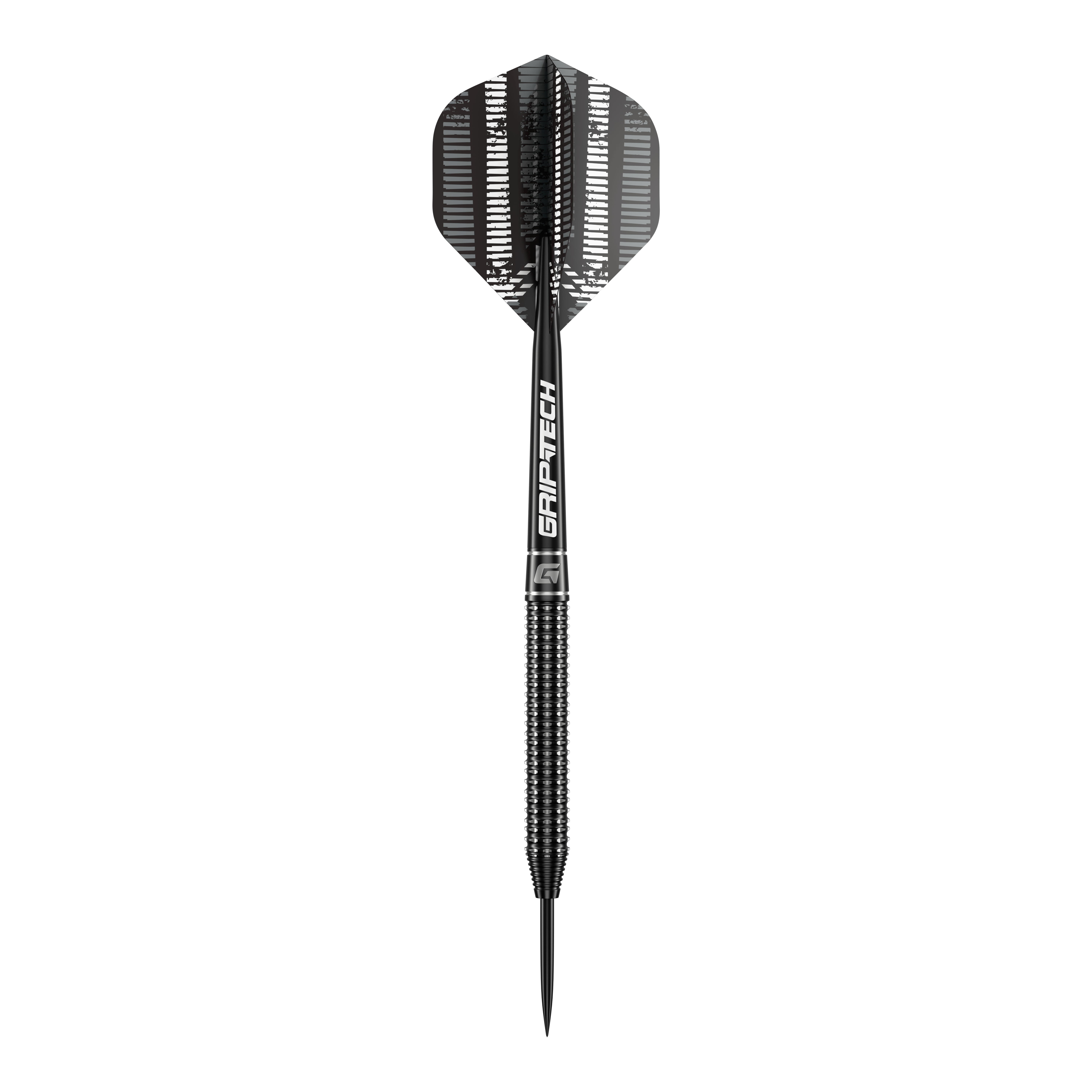 GOAT Sprocket Tungsten Steeldarts Das Bild zeigt einen einzelnen GOAT Sprocket Tungsten Steeldart. Der Dart hat ein modernes, schwarzes Design mit dem Schriftzug "GRIPTECH" auf dem Schaft.