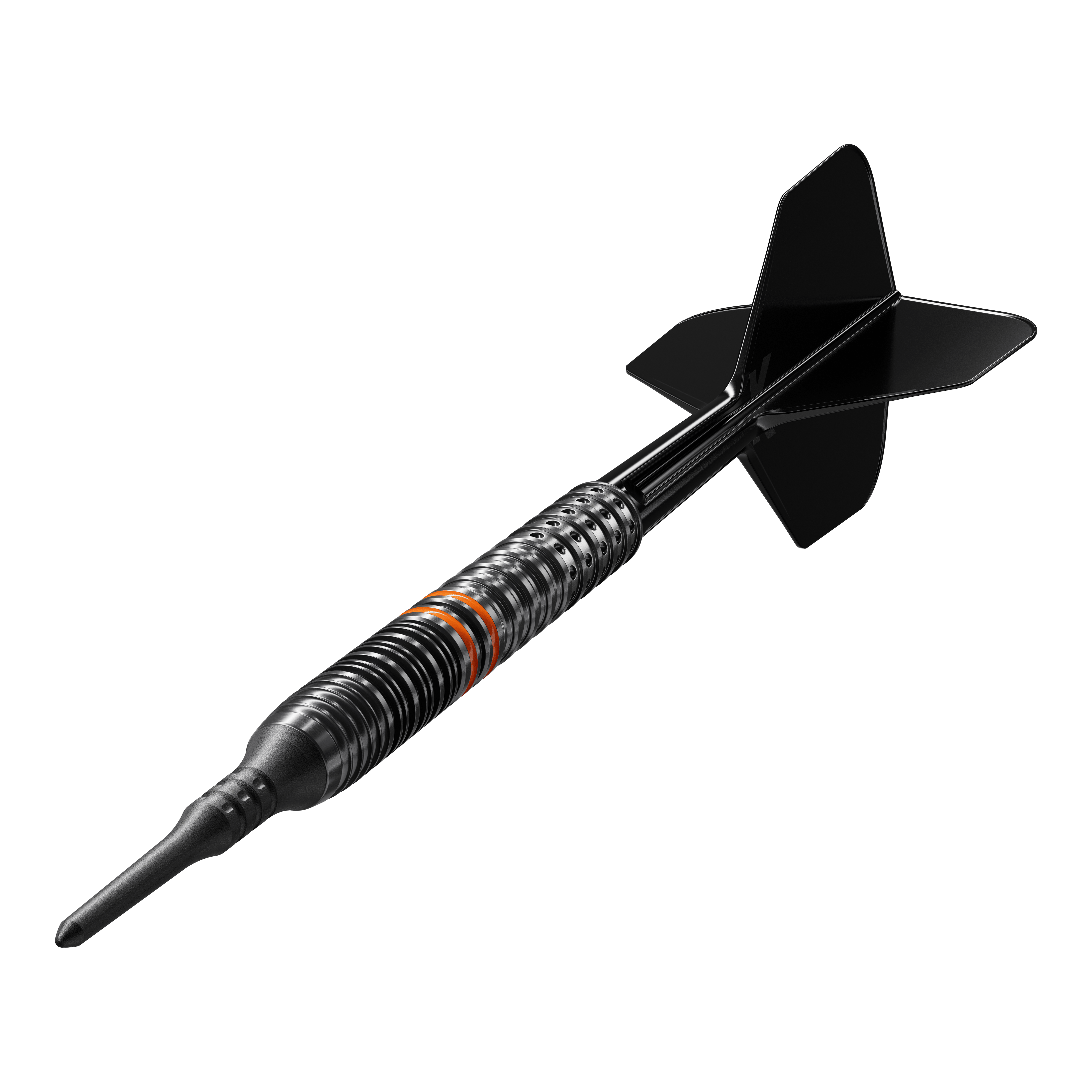 Das Bild zeigt einen schwarzen Softdartpfeil mit einem metallisch geriffelten Barrel und schwarzen Flights. Der Dart hat orangefarbene Akzente und sieht hochwertig und modern aus.