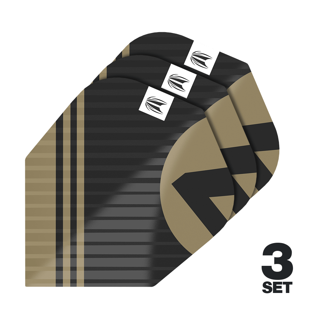 Das Bild zeigt die "Target Pro Ultra Chicane Black No6 Flights" in einem schwarz-goldenen Design. Es sind insgesamt 3 Sets der Flights abgebildet.