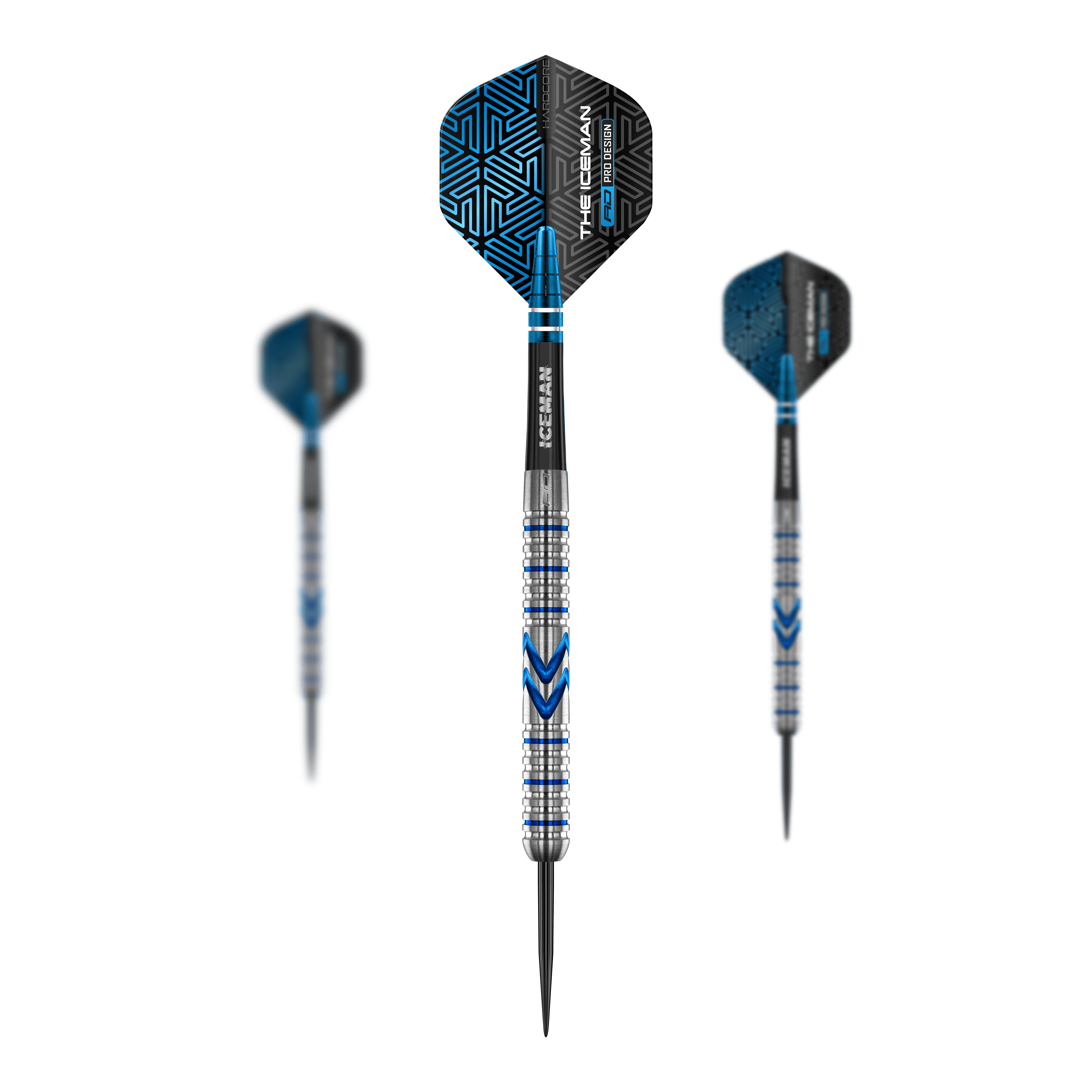 Das Bild zeigt die Steeldarts "Red Dragon Gerwyn Price Iceman Midnight Edition". Die Darts haben ein silbernes und blaues Design mit auffälligen schwarzen Flights.