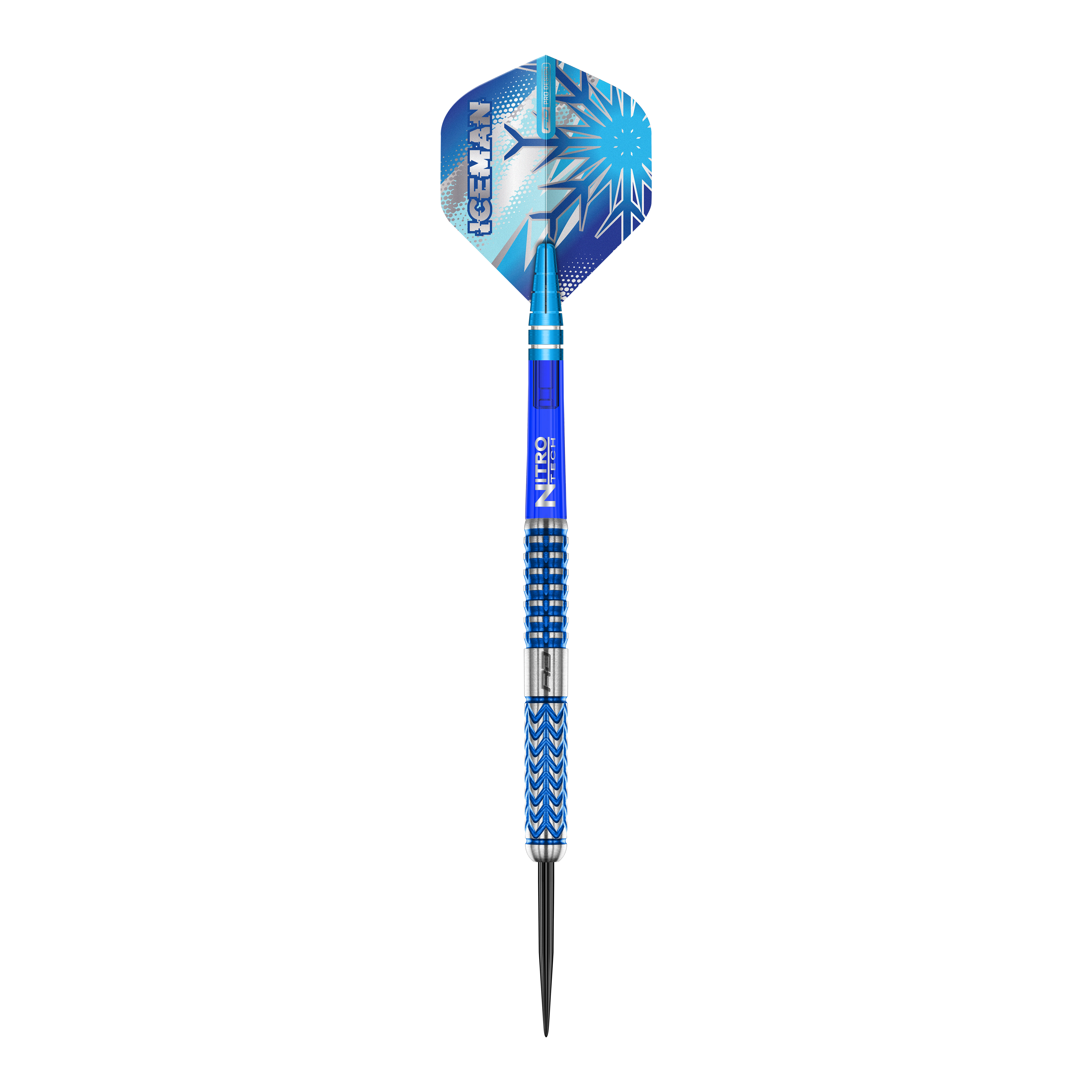 Red Dragon Gerwyn Price Glacier Steeldarts Das Bild zeigt einen Red Dragon Gerwyn Price Glacier Steeldart. Der Dart ist überwiegend blau und silbern mit einem eisigen, modernen Design.
