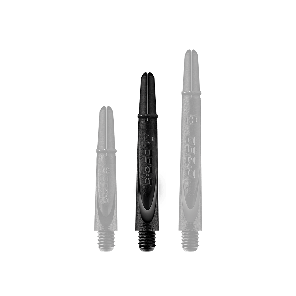 HR459_Harrows_Carbon_360_Shafts_Schwarz_42mm_1 Auf dem Bild sind drei schwarze Dartschäfte in unterschiedlichen Längen zu sehen. Sie bestehen aus Carbon und haben ein schlichtes, modernes Design.