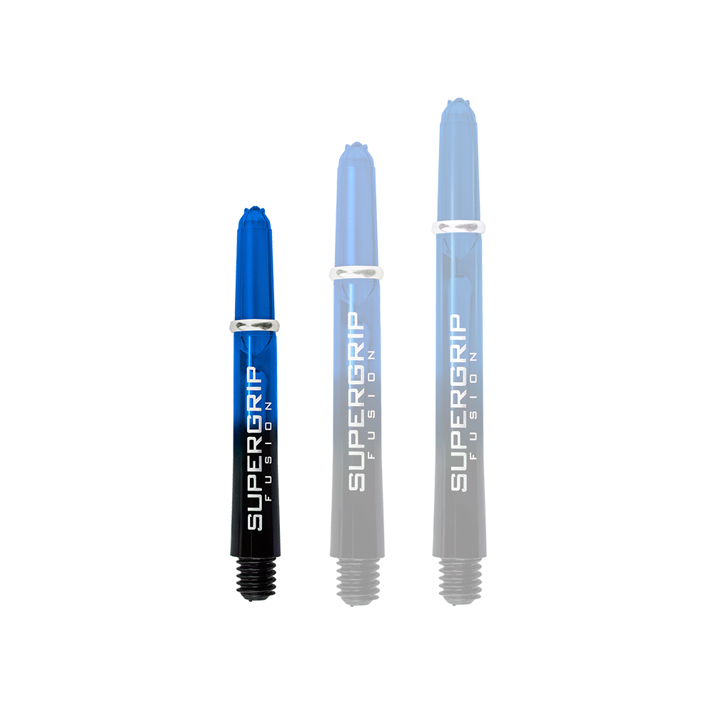 Das Bild zeigt drei blaue Harrows Supergrip Fusion Shafts in unterschiedlichen Längen. Sie sind schwarz-blau gestaltet und tragen den Aufdruck "SUPERGRIP FUSION".