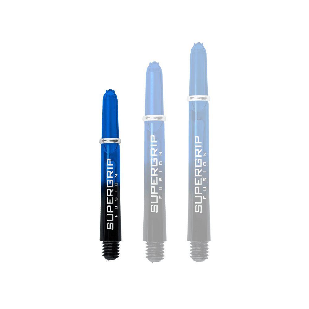HR336_Harrows_Supergrip_Fusion_Shafts_Blau_33mm_1OFizdDgdjJdO0 Das Bild zeigt drei blaue Harrows Supergrip Fusion Shafts in unterschiedlichen Längen. Sie sind schwarz-blau gestaltet und tragen den Aufdruck "SUPERGRIP FUSION".
