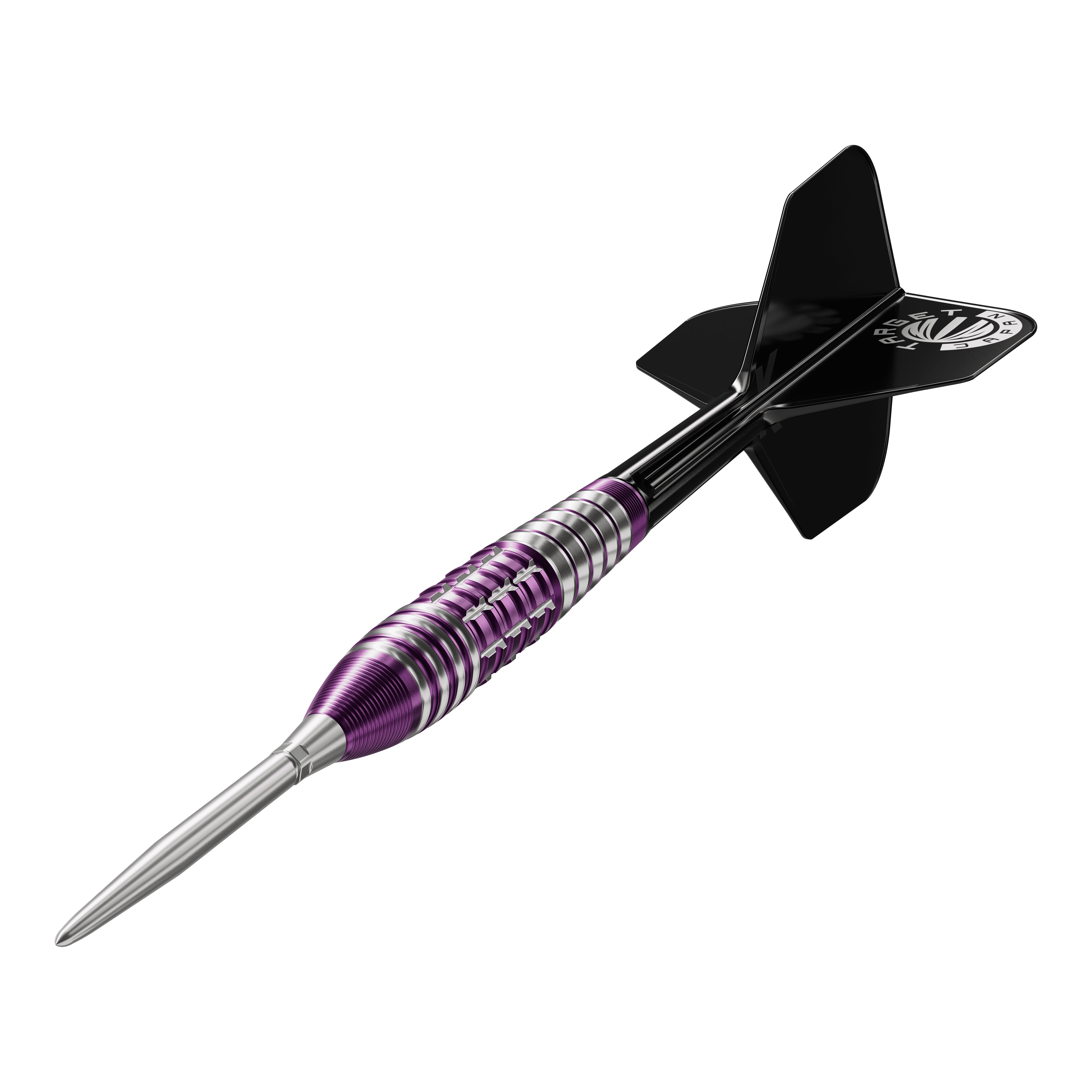 Dies ist ein Steeldart aus der Target Japan Prime Serie in der Ausführung "Tung Suk Zenith GEN1 Swiss Point" mit 23g Gewicht. Der Dart hat ein auffälliges Design mit lila und silbernen Ringen und schwarzen Flights.