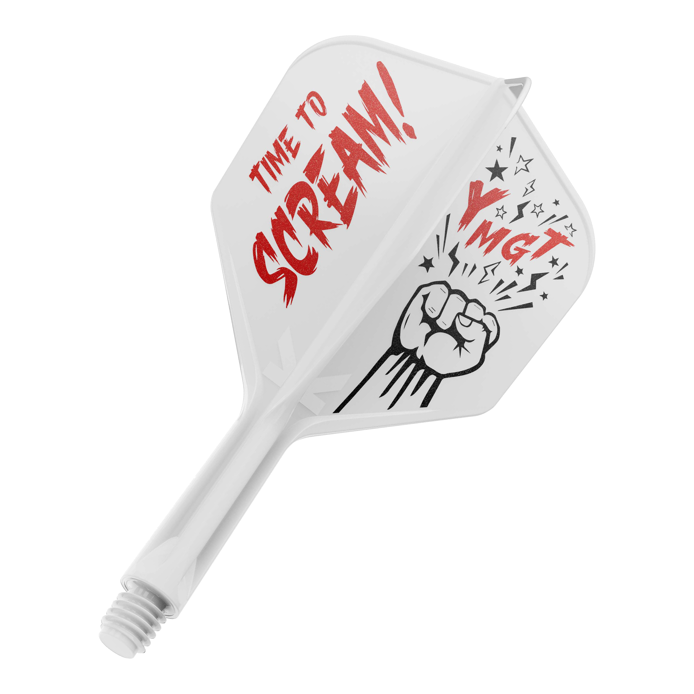 Target Japan K-Flex Scream No6 Flight-Shaft-System Das Bild zeigt eine Dartflügel- und Schaftkombination in Weiß mit roter und schwarzer Beschriftung. Auf dem Flügel steht "TIME TO SCREAM!" zusammen mit einer gezeichneten Faust und einigen Sternen.