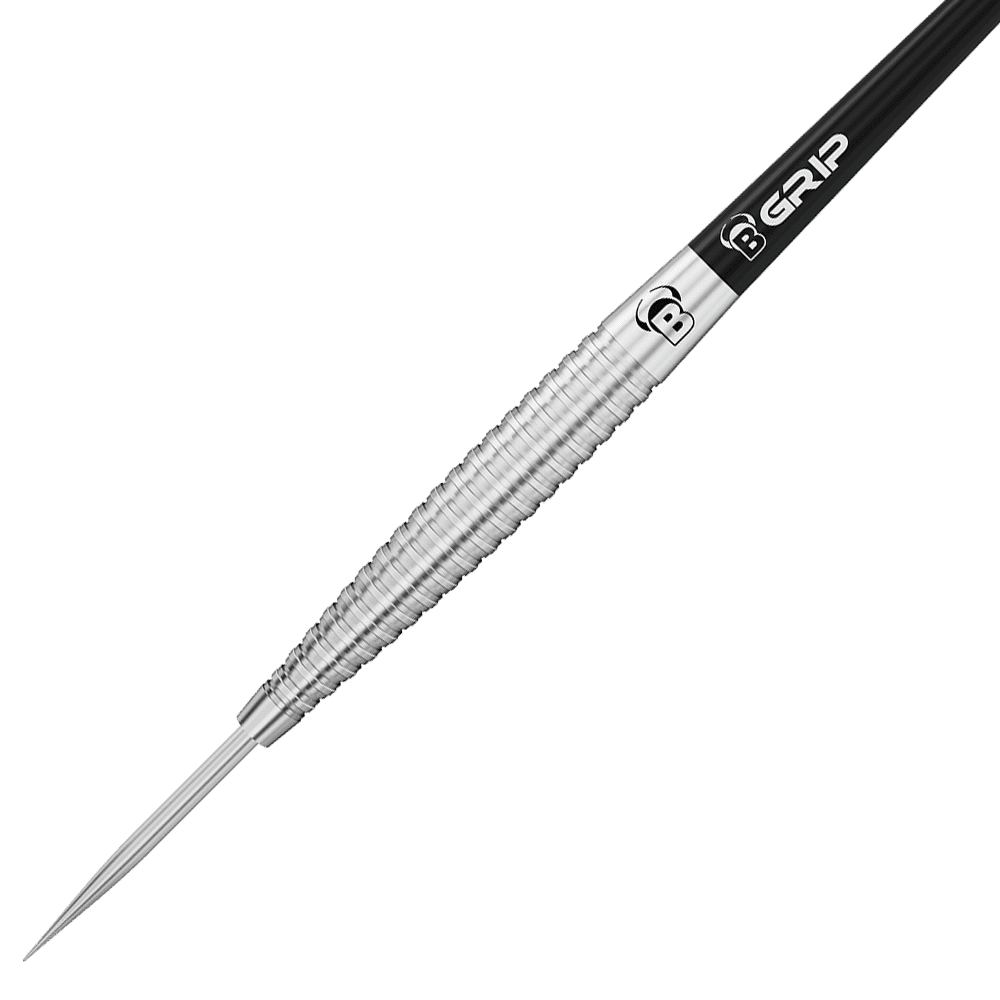 13242_Bulls_Dot_D6_Steeldarts_2 Das Bild zeigt einen silbernen Steeldartpfeil mit geriffeltem Griff. Am oberen Teil des Schafts steht „B GRIP“.
