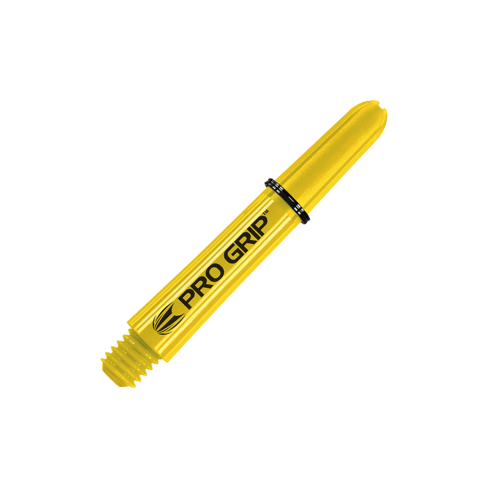 Das Bild zeigt einen gelben Dartshafts mit der Aufschrift "PRO GRIP". Der Schaft ist 34 mm lang und hat einen schwarzen Ring zur Befestigung.