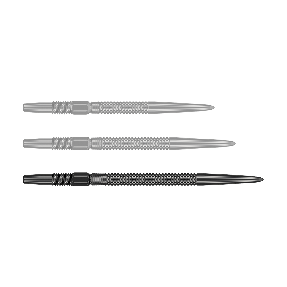Das Bild zeigt drei schwarze Dartspitzen mit strukturierter Oberfläche. Es handelt sich um das Produkt "Target Swiss Point GRD Black Dartspitzen".