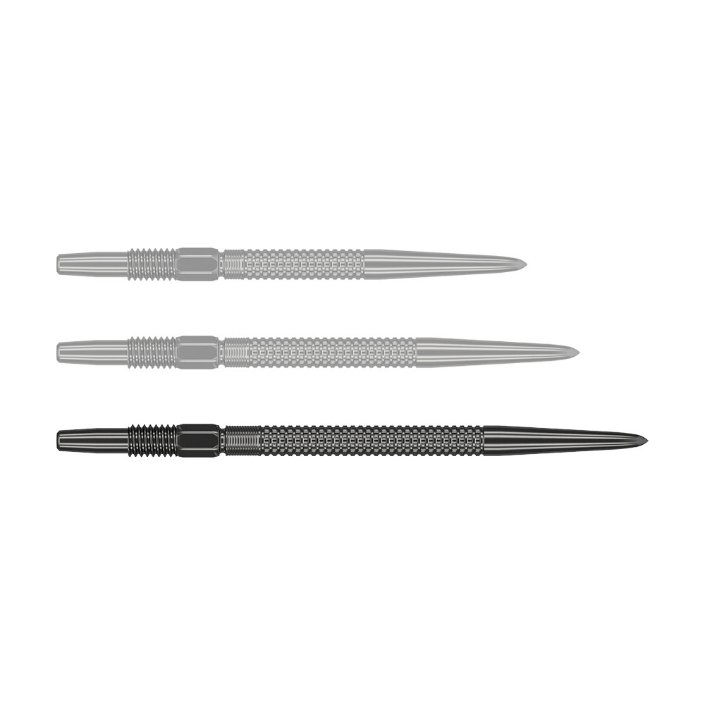 Target Swiss Point GRD Black Dartspitzen Das Bild zeigt drei schwarze Dartspitzen mit strukturierter Oberfläche. Es handelt sich um das Produkt "Target Swiss Point GRD Black Dartspitzen".