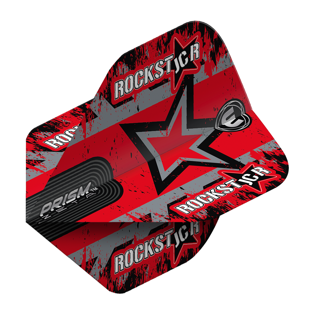 Das Bild zeigt die Winmau Prism Zeta Joe Cullen Star Standard Flights. Sie sind rot mit schwarzen und grauen Akzenten und tragen den Schriftzug „Rockstar“ sowie einen großen Stern.