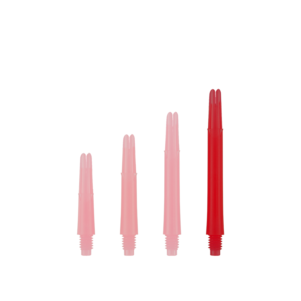 L-Style L-Shafts Locked Straight - Red 330 Das Bild zeigt vier rote, gerade Dart-Schäfte in unterschiedlichen Längen. Sie sind aufrecht und nebeneinander aufgereiht, ohne Kappen.