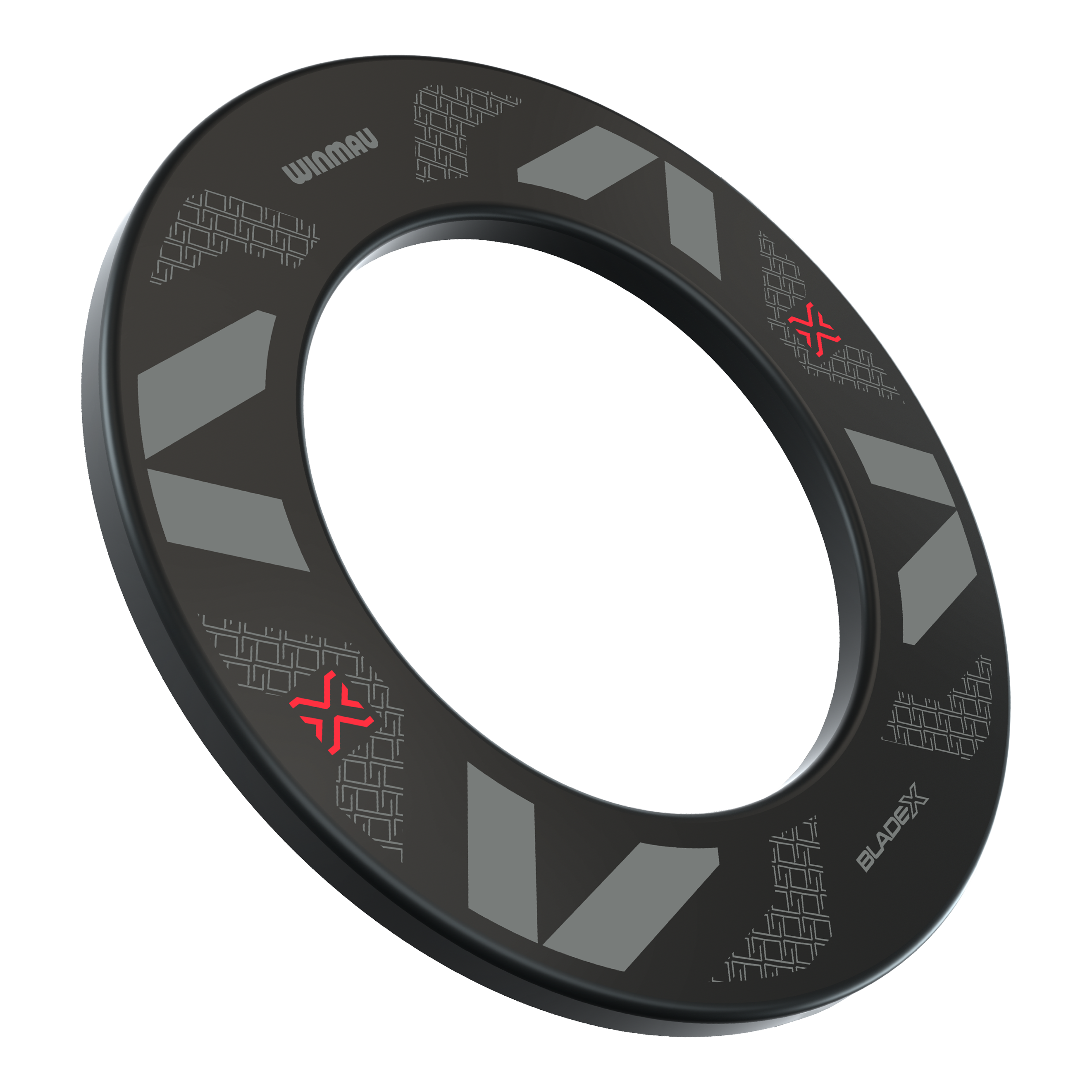 Das Bild zeigt das Produkt Winmau Blade X Dartboard Surround. Es handelt sich um einen schwarzen Dartboard-Surround zur Abdeckung und zum Schutz der Wand.