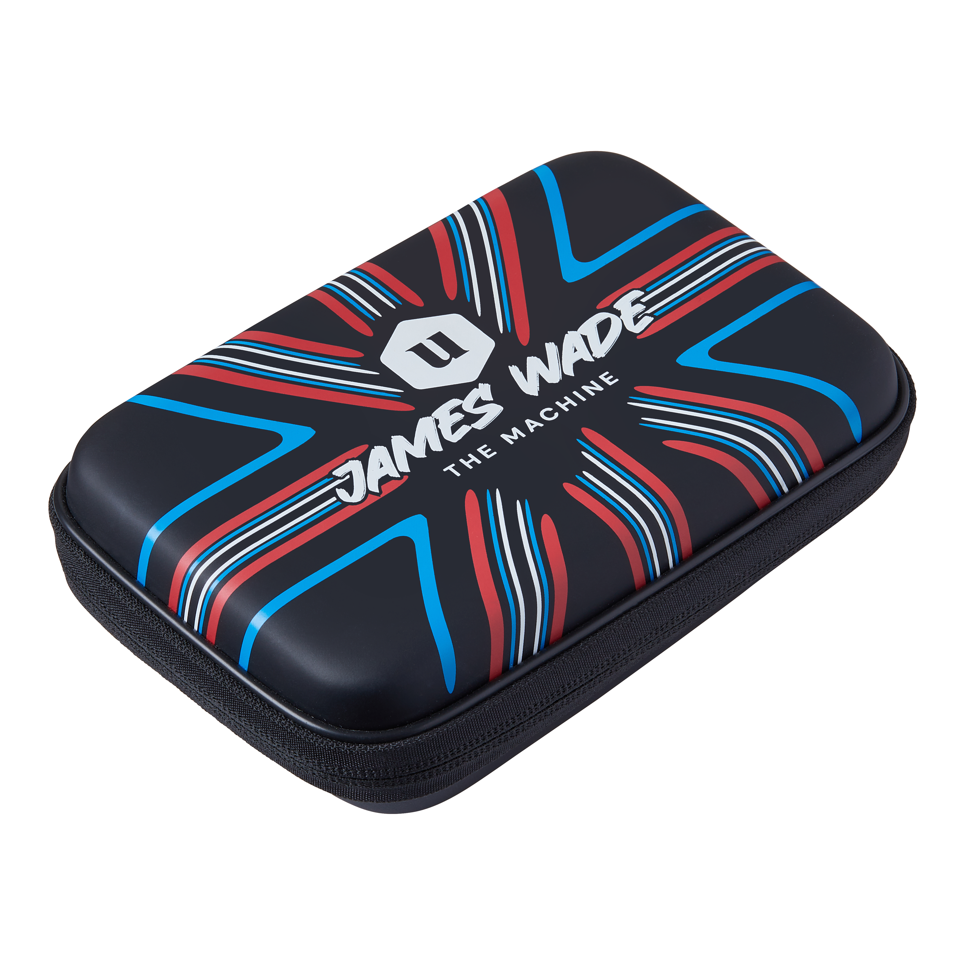Das Bild zeigt ein Dartwallet mit dem Aufdruck "James Wade The Machine". Das Etui ist schwarz mit roten, blauen und weißen Designelementen.