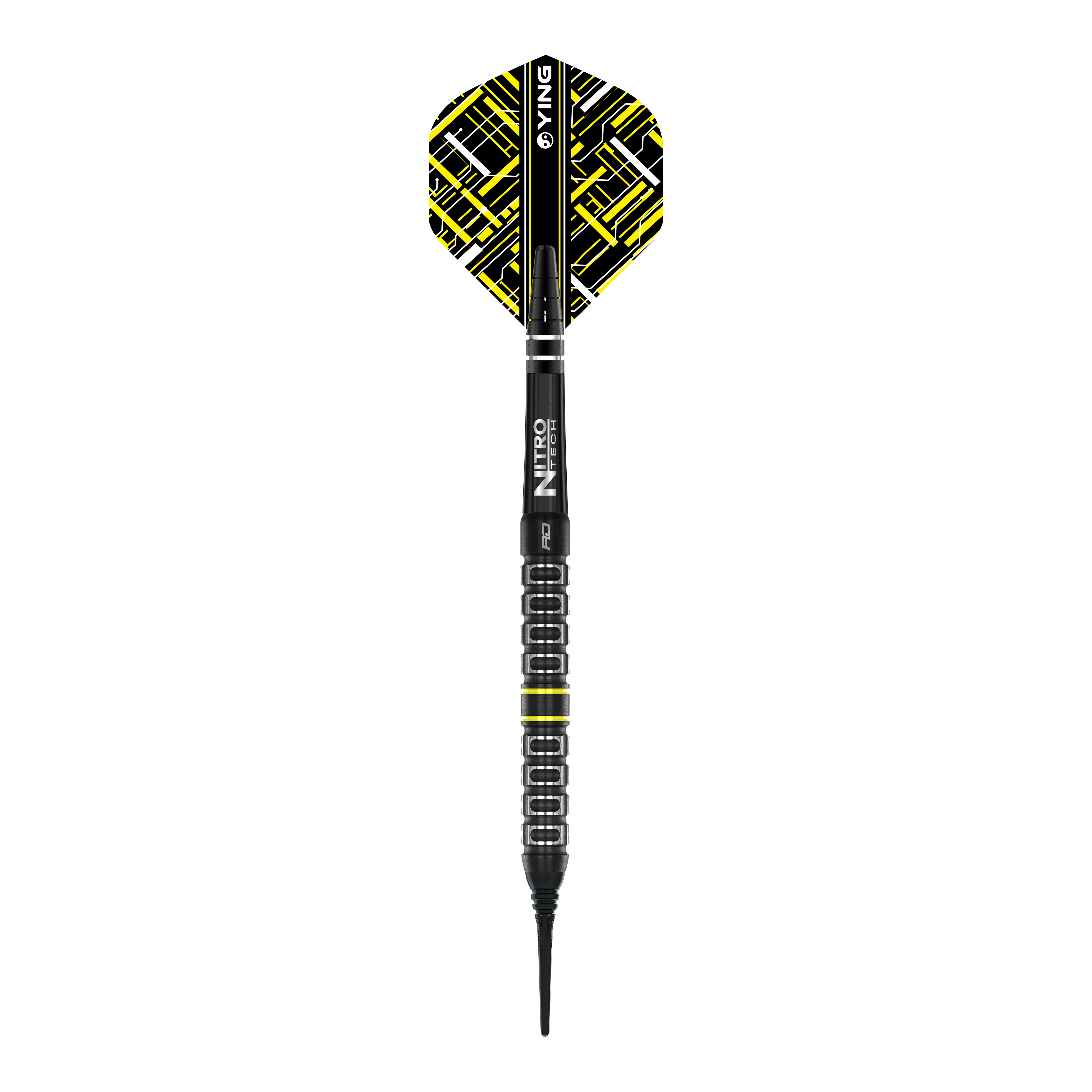 Das Bild zeigt einen Red Dragon Astraeus Q4X Parallel Softdart mit einem Gewicht von 20g. Der Dart hat schwarze und gelbe Designelemente und eine strukturierte Griffzone.