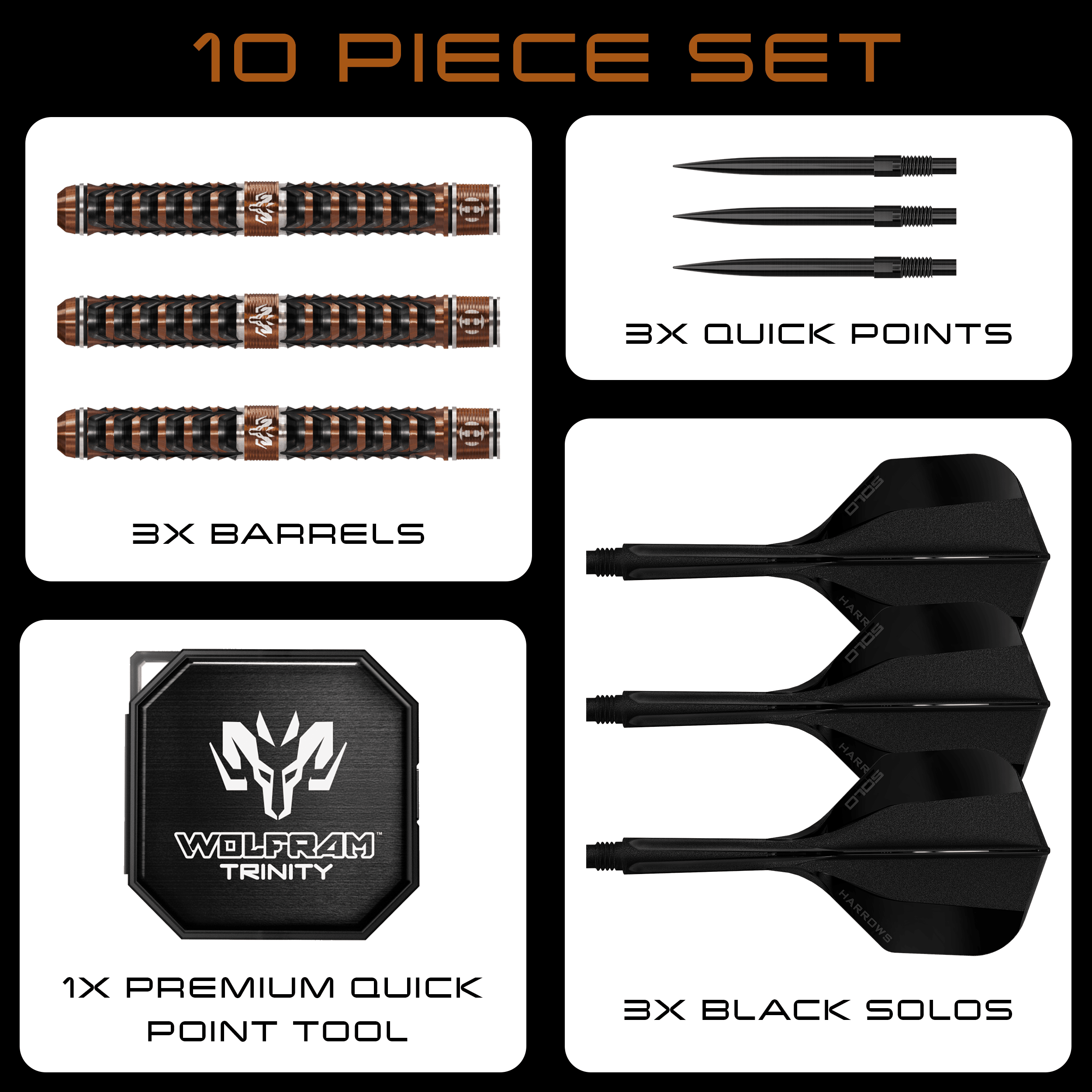 Das Foto zeigt die Harrows Wolfram Trinity Quick Point Steeldarts. Sie bestehen aus qualitativ hochwertigen Materialien für optimale Performance.