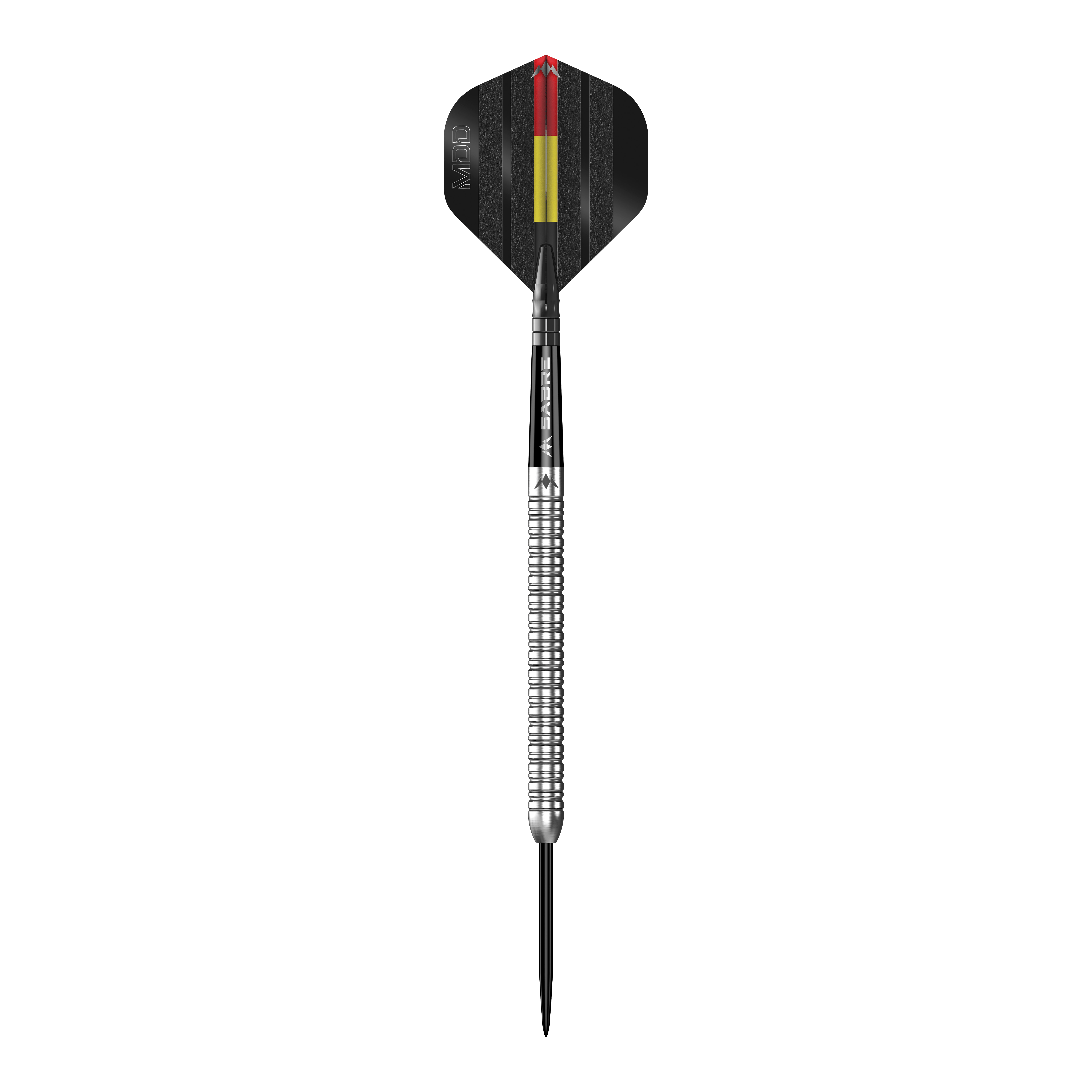 Das Bild zeigt einen einzelnen silbernen Steeldart namens "Mission Mike De Decker MDD Silver Steeldarts". Der Dart hat ein schwarz-gelbes Flight-Design und eine geriffelte silberne Barrel.