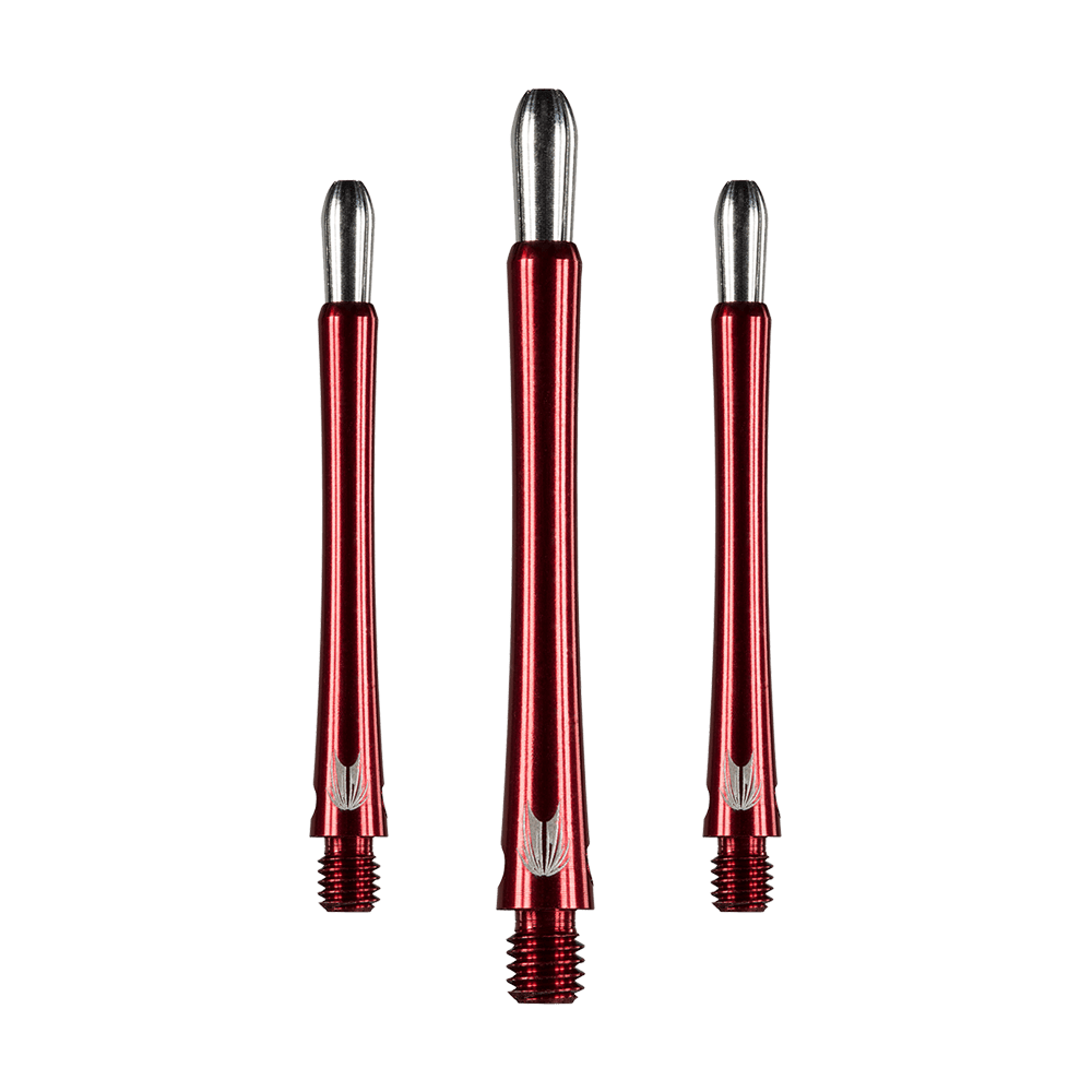 146240_Target_Grip_Style_Aluminium_Shafts_Rot_485mm_1 Das Bild zeigt drei rote Aluminium-Schäfte für Darts mit silbernen Enden. Die Schäfte haben ein glänzendes Finish und ein einfaches, elegantes Design.