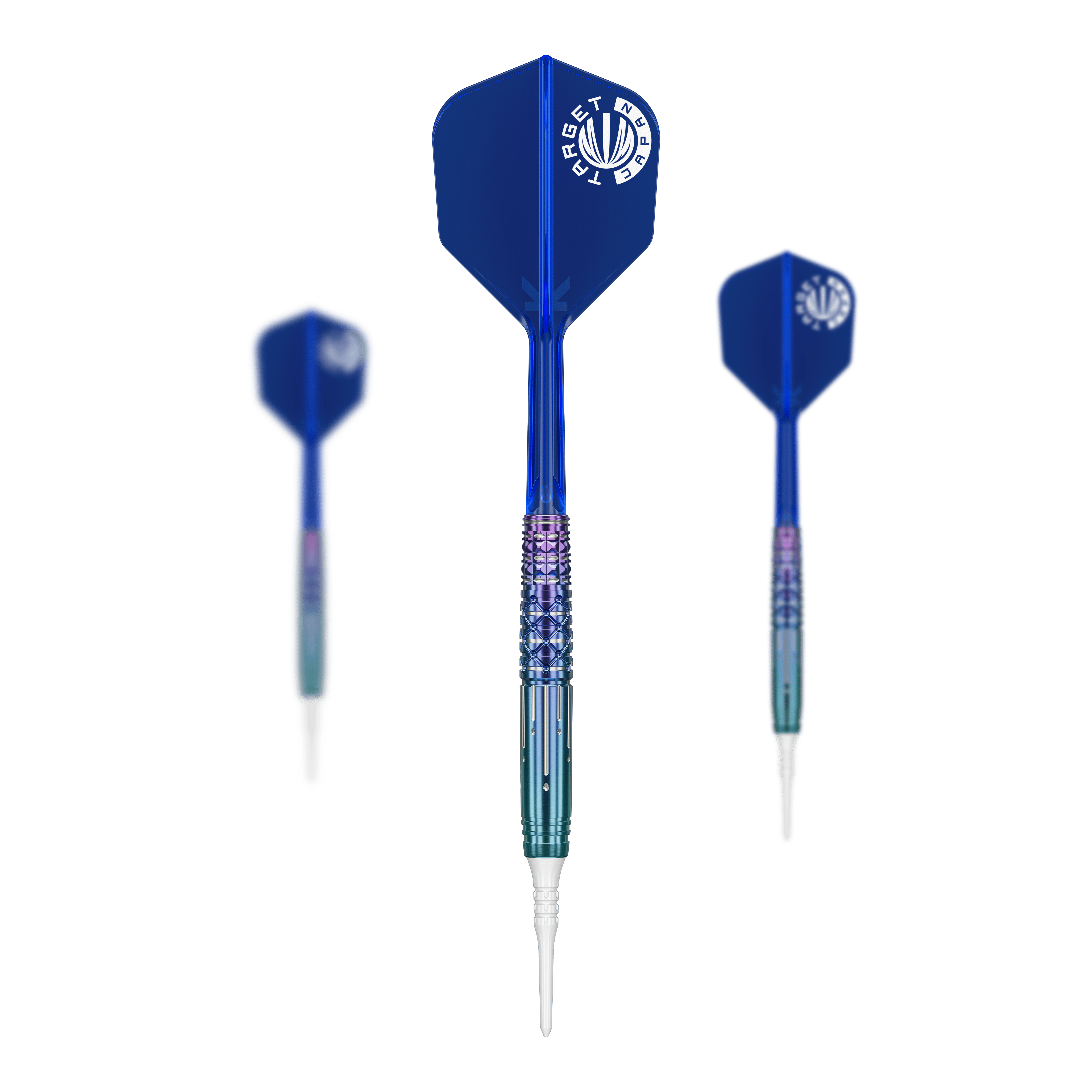 Das Bild zeigt drei Softdarts des Produkts "Target Japan Cathy Leung Charis GEN4" mit einem Gewicht von 21g. Die Darts haben blaue Flights und weiße Spitzen.
