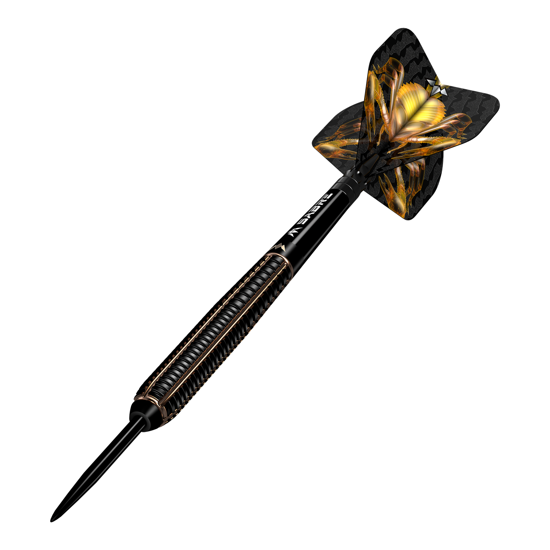 Das Bild zeigt einen Mission Scorpion Steeldart mit schwarzem Schaft und goldenen Akzenten. Die Flights haben ein auffälliges, gelb-schwarzes Design mit einem Skorpion-Motiv.