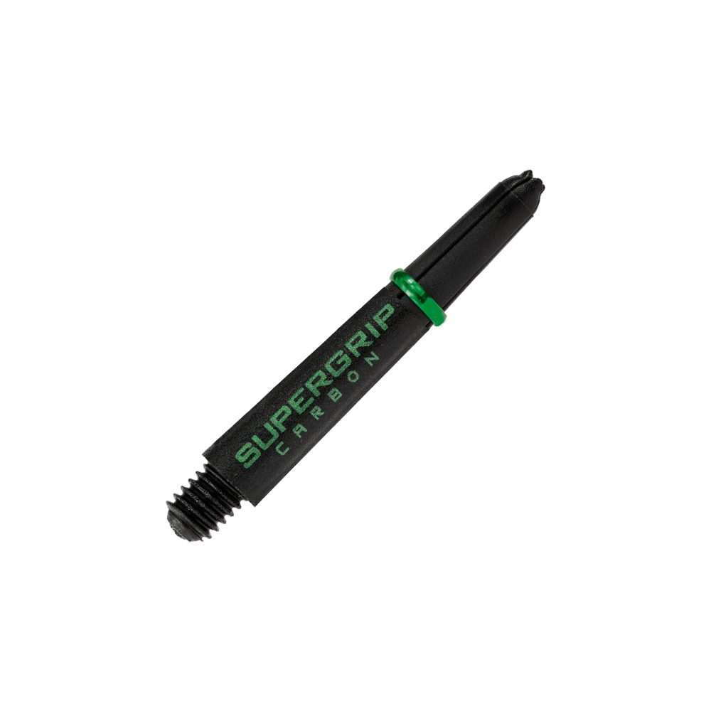 Das Bild zeigt einen Harrows Supergrip Carbon Shaft in Grün. Der Schaft ist schwarz mit grüner Aufschrift und grünen Akzenten.