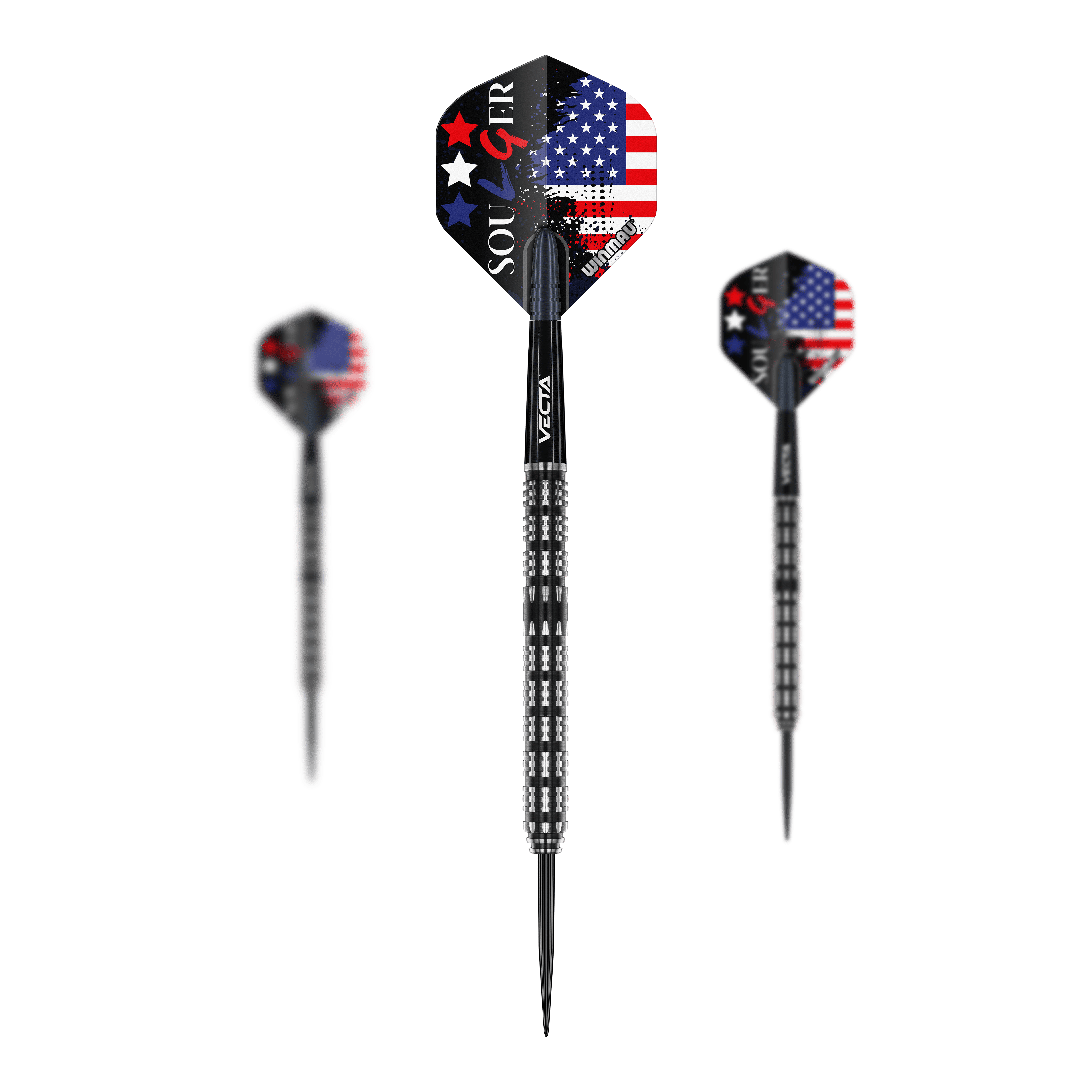 Das Bild zeigt drei Steeldarts des Modells "Winmau Leonard Gates". Die Flights sind mit einer amerikanischen Flagge und dem Schriftzug "Soulger" gestaltet.
