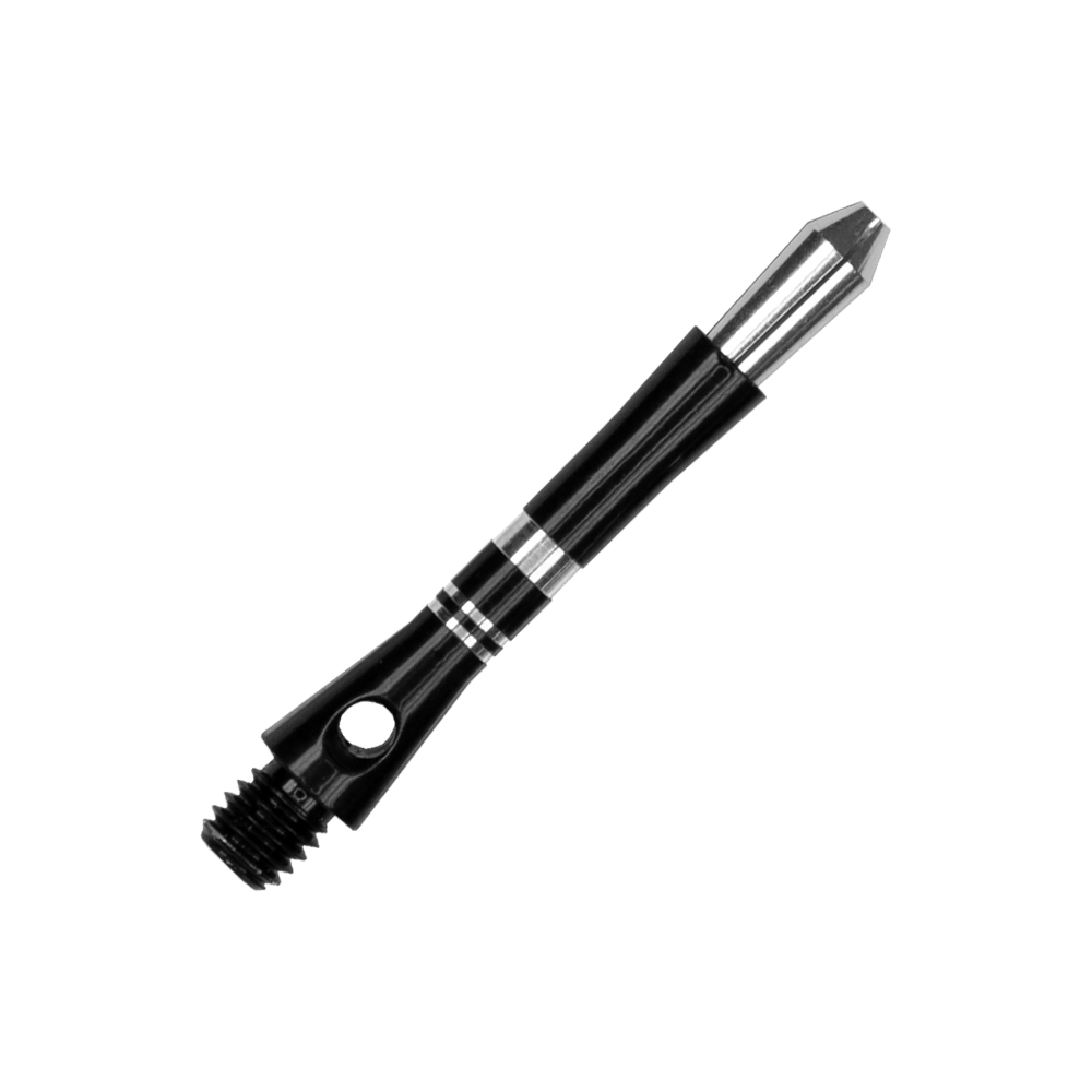 Das Bild zeigt einen schwarzen Harrows Colette Shaft für Darts. Der Shaft hat silberne Akzente und ein klassisches, schlankes Design.