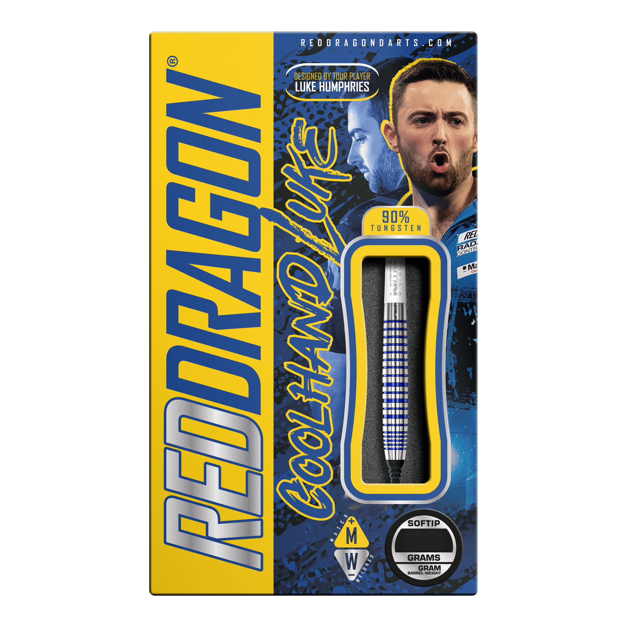 Die Verpackung zeigt die „Red Dragon Luke Humphries TX3 Cool Blue SE Softdarts - 20g“. Auf der Vorderseite sind ein Dartpfeil, das Bild von Luke Humphries und auffällige gelb-blaue Designelemente zu sehen.