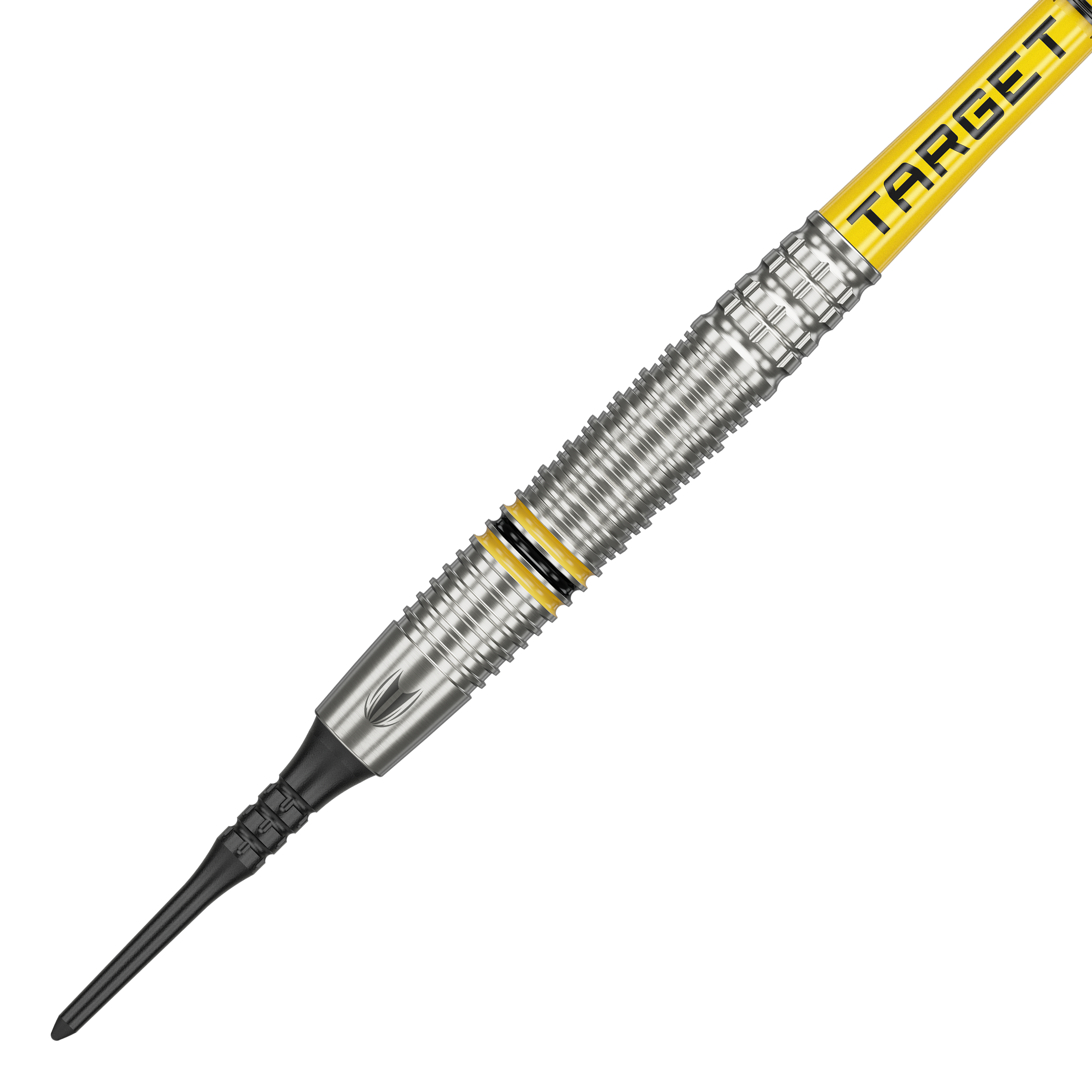 Target Scott Williams GEN2 Softdarts - 18g Das Bild zeigt einen Target Scott Williams GEN2 Softdart mit einem Gewicht von 18 Gramm. Der Dart hat silberne Rillen und gelbe Akzente sowie die Aufschrift "TARGET" auf dem Schaft.