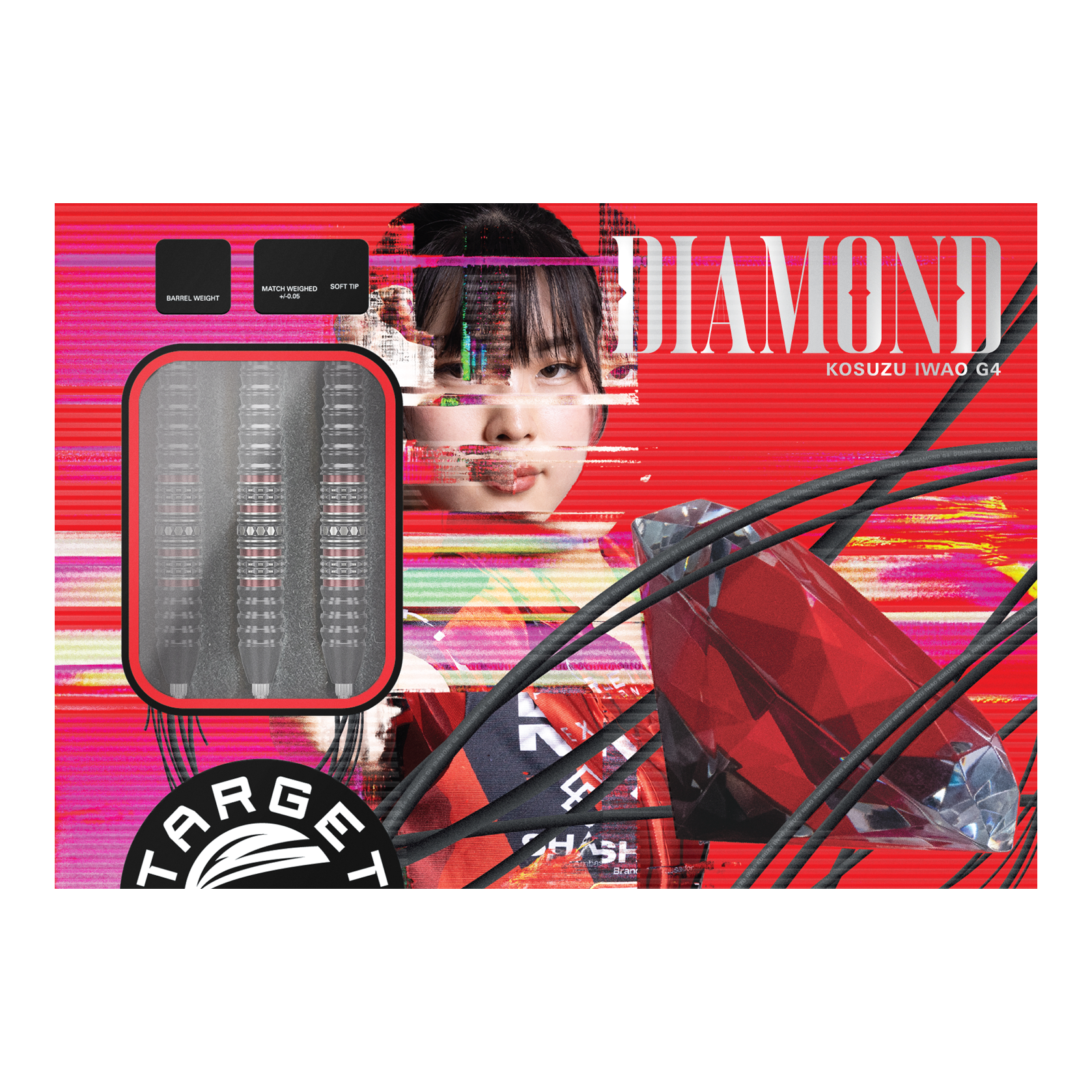 Abgebildet sind die Target Japan Prime Series Diamond Kosuzu Iwao GEN4 Swiss Point Steeldarts. Diese Darts zeichnen sich durch ein elegantes Design und präzise Verarbeitung aus.